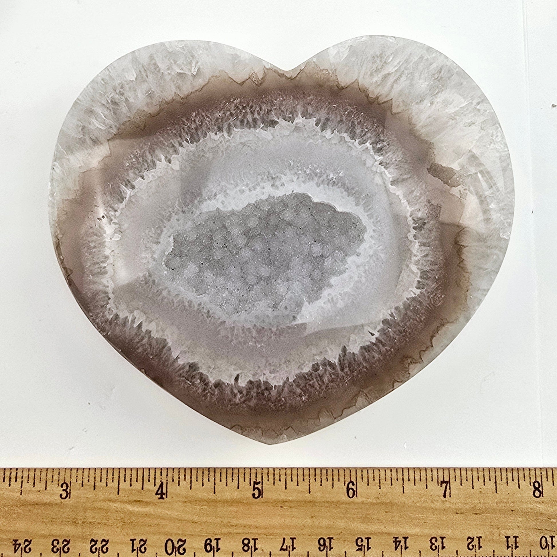Agate Druzy Crystal Heart ONE-OF-A-KIND Valentine's Day Gift Idea #1 top front view with ruler for size reference