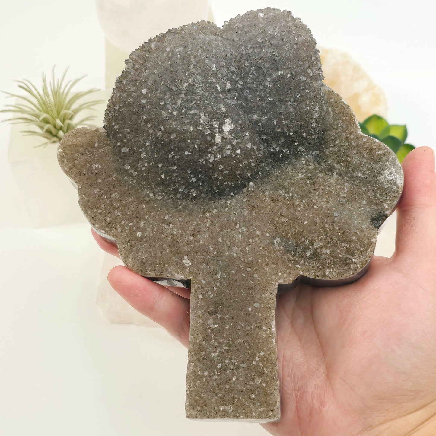 Gray Amethyst Crystal Cluster Tree Carving - One-of-a-Kind in hand for size reference with props and plants in the background