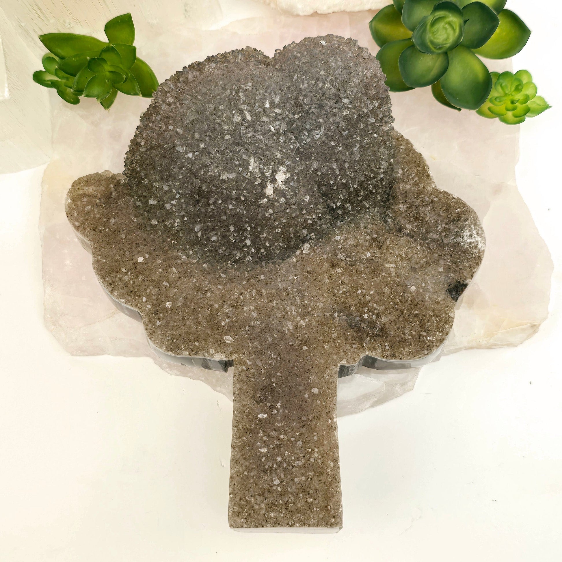Gray Amethyst Crystal Cluster Tree Carving - One-of-a-Kind top front view