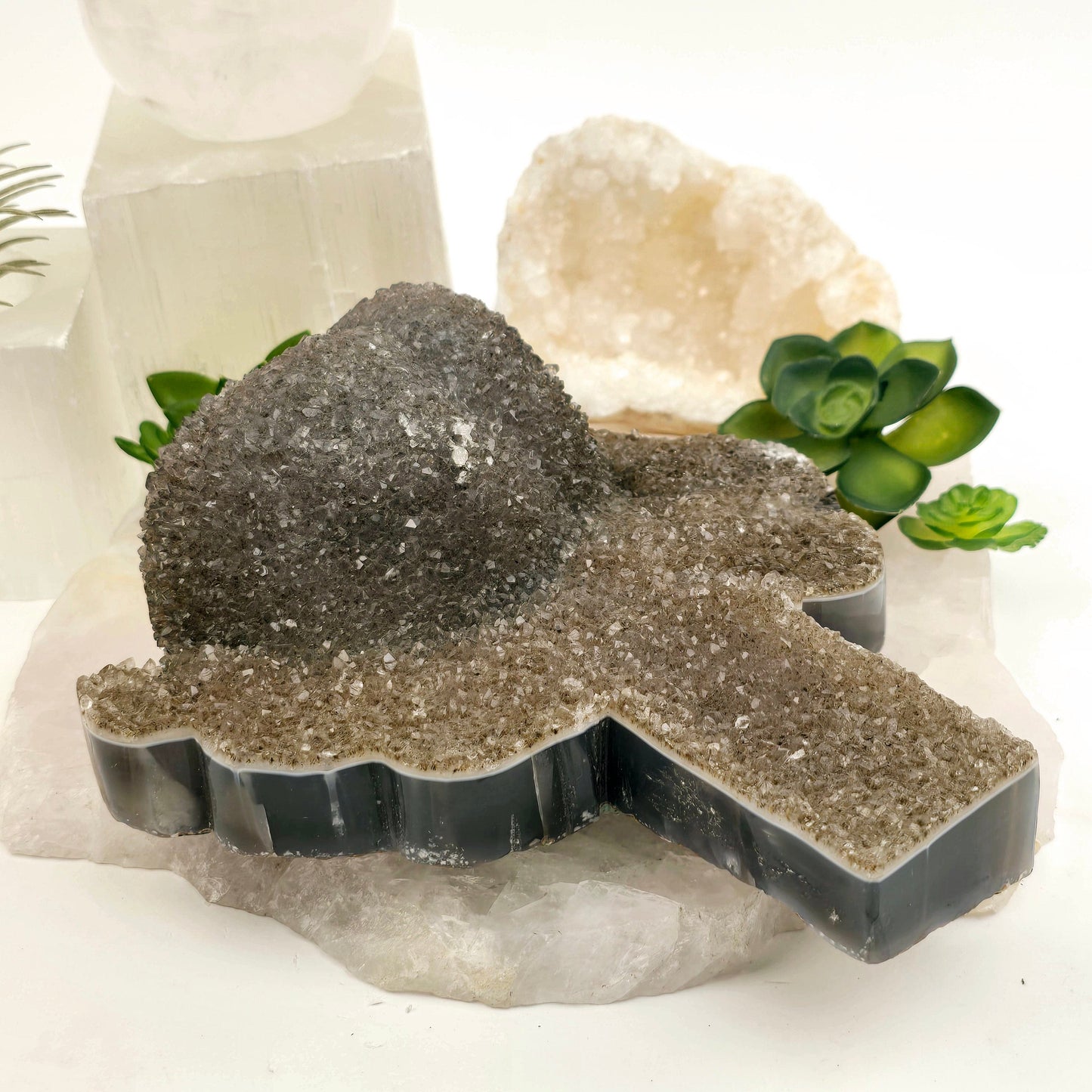 Gray Amethyst Crystal Cluster Tree Carving - One-of-a-Kind side view