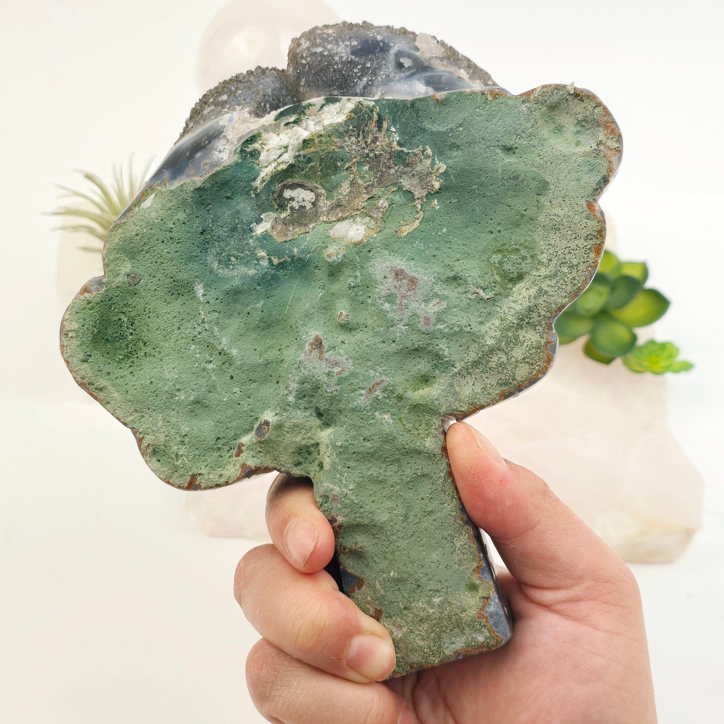 Gray Amethyst Crystal Cluster Tree Carving - One-of-a-Kind back view in hand for size reference