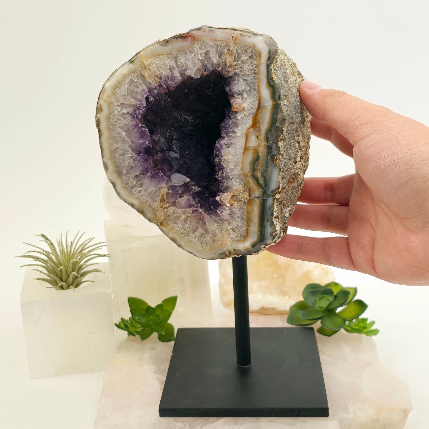Amethyst Crystal Geode on Metal Stand - One-of-a-Kind #1 - with hand for size reference with props and plants in the background
