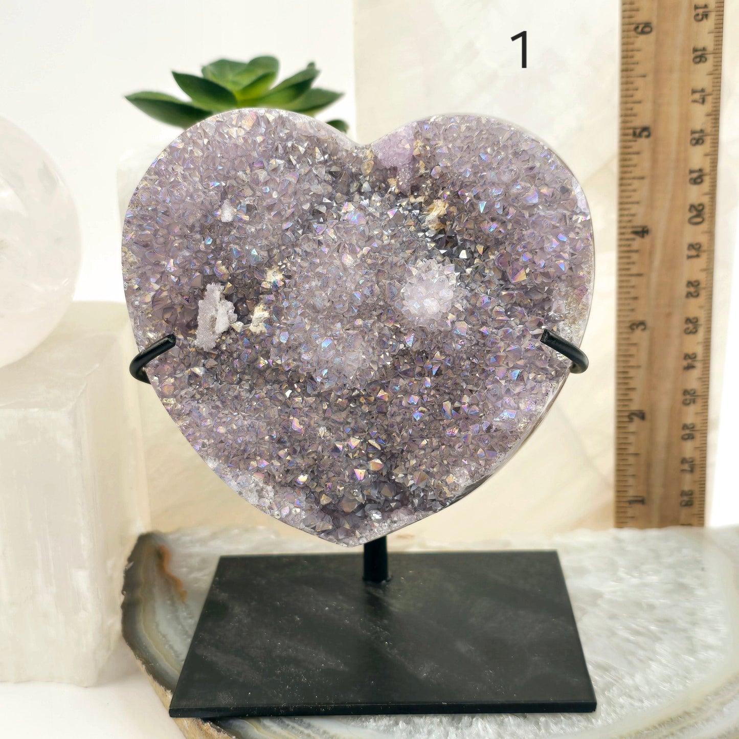 Angel Aura Amethyst Druzy Crystal Heart on Stand - You Choose - Valentine's Day Gift #1 variant 1 labeled with ruler for size reference