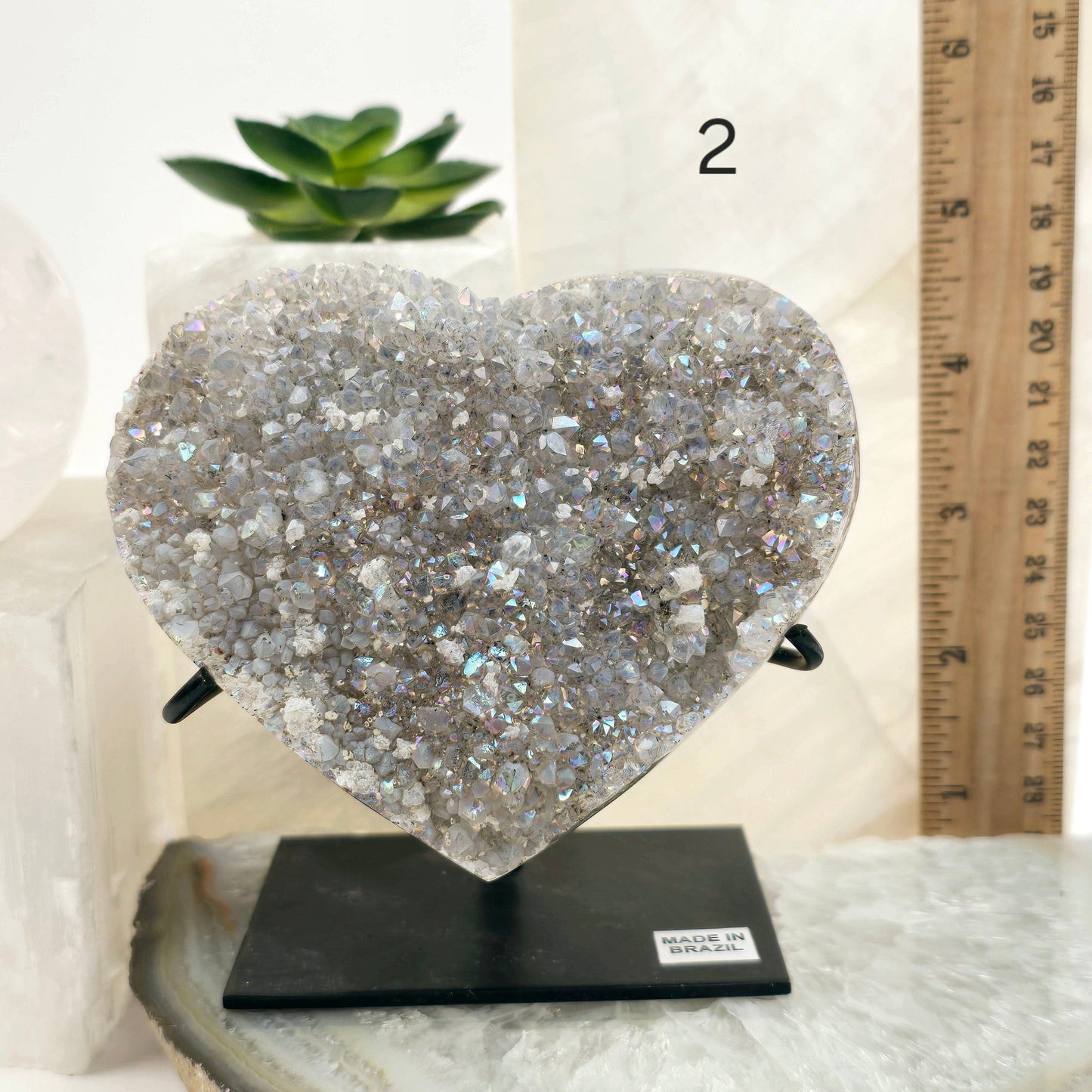 Angel Aura Amethyst Druzy Crystal Heart on Stand - You Choose - Valentine's Day Gift #1 variant 2 labeled with ruler for size reference