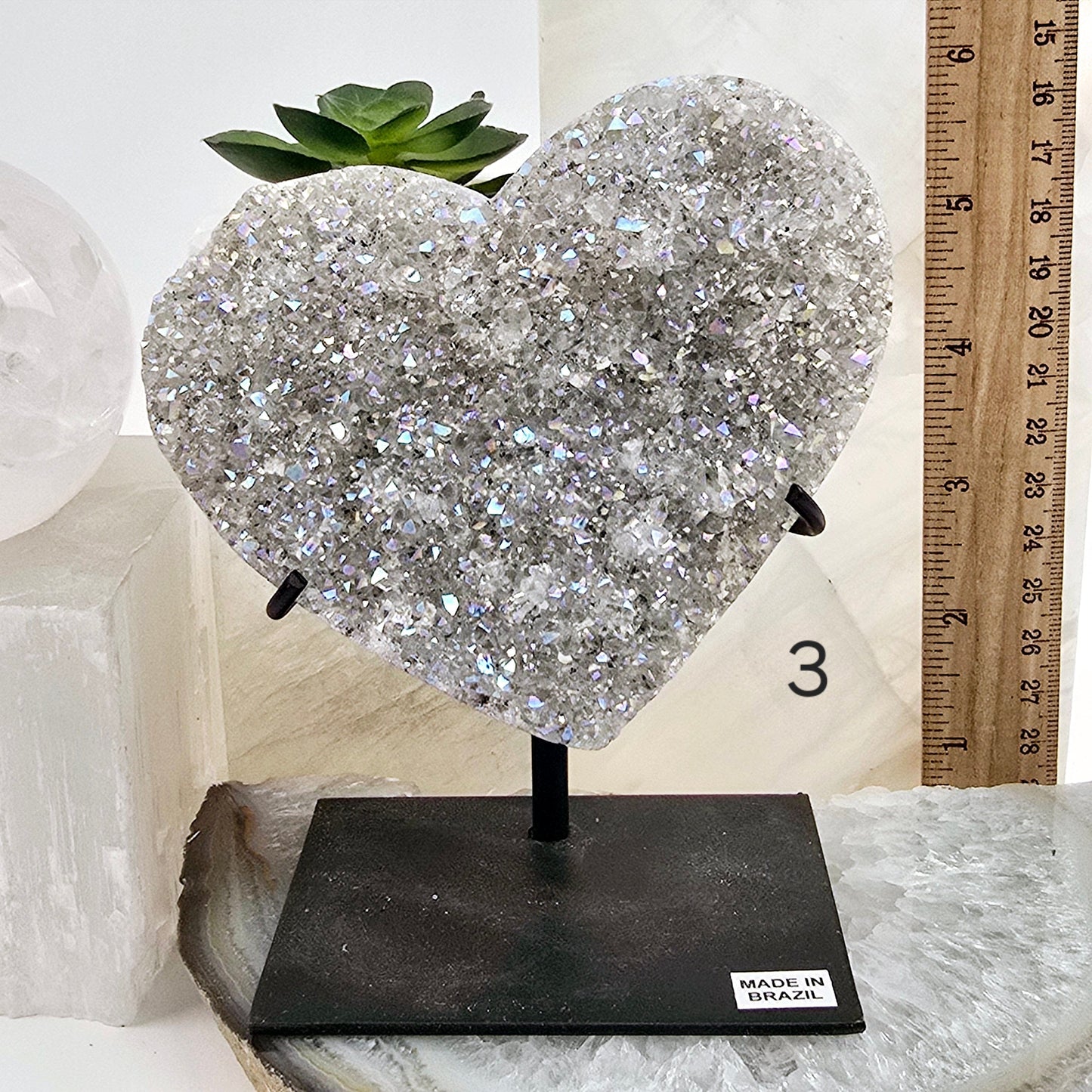 Angel Aura Amethyst Druzy Crystal Heart on Stand - You Choose - Valentine's Day Gift #1 variant 3 labeled with ruler for size reference