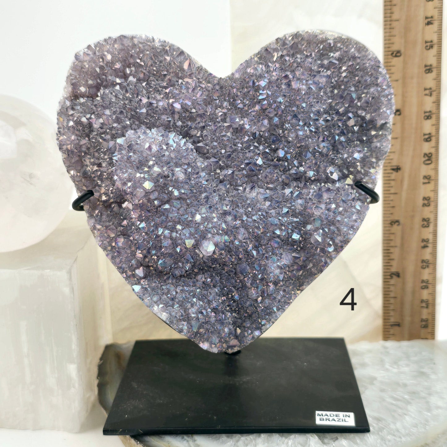 Angel Aura Amethyst Druzy Crystal Heart on Stand - You Choose - Valentine's Day Gift #1 variant 4 labeled with ruler for sizer reference