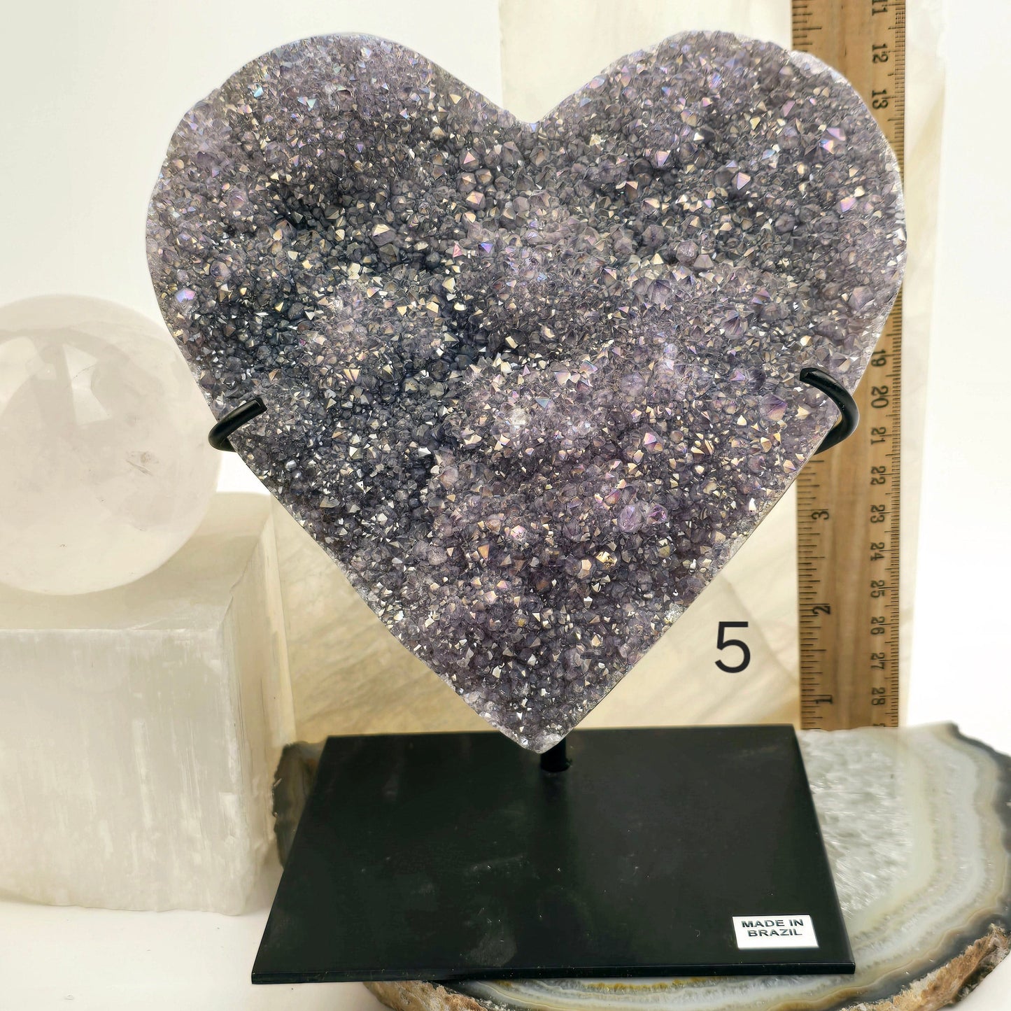 Angel Aura Amethyst Druzy Crystal Heart on Stand - You Choose - Valentine's Day Gift #1 variant 5 labeled with ruler for size reference