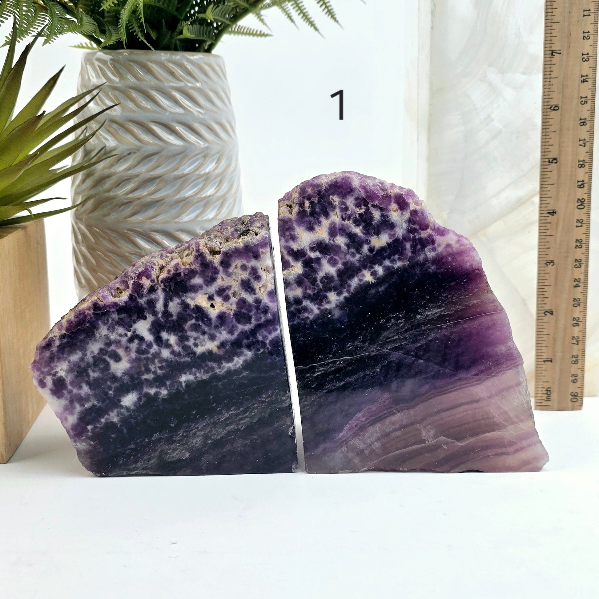 Fluorite Semi Polished Crystal Bookends - As Is - You Choose #2 variant 1 labeled with ruler for size reference