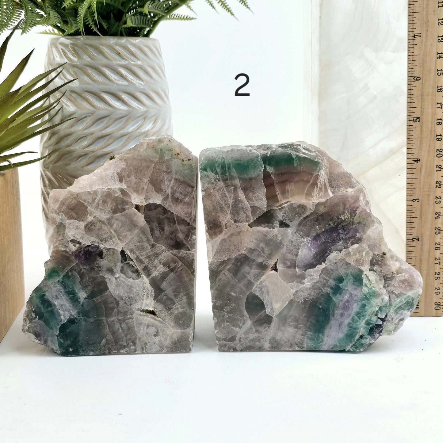 Fluorite Semi Polished Crystal Bookends - As Is - You Choose #2 variant 2 labeled with ruler for size reference