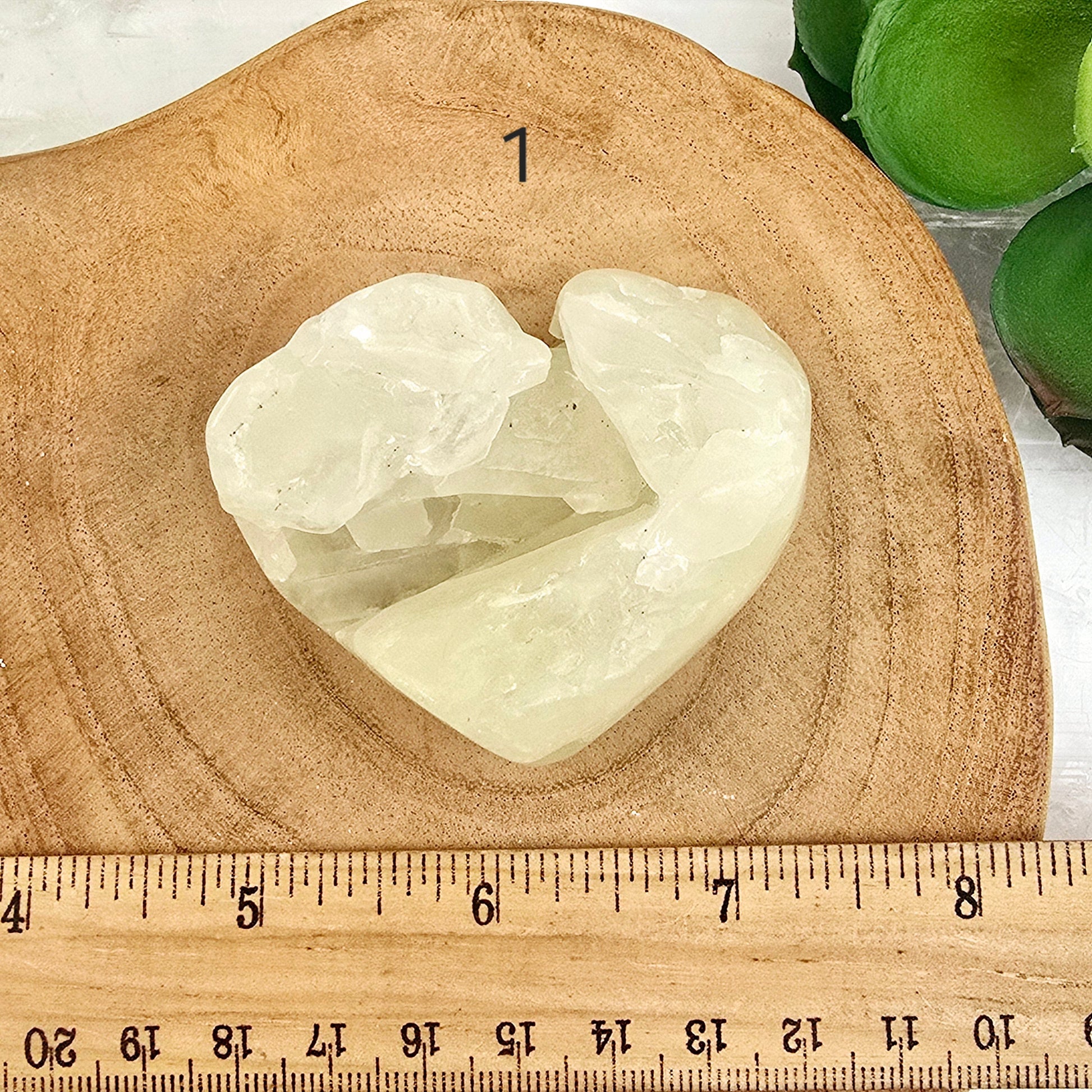 Sulfur Quartz Polished Crystal Cluster Heart - You Choose #1 variant 1 labeled with ruler for size reference