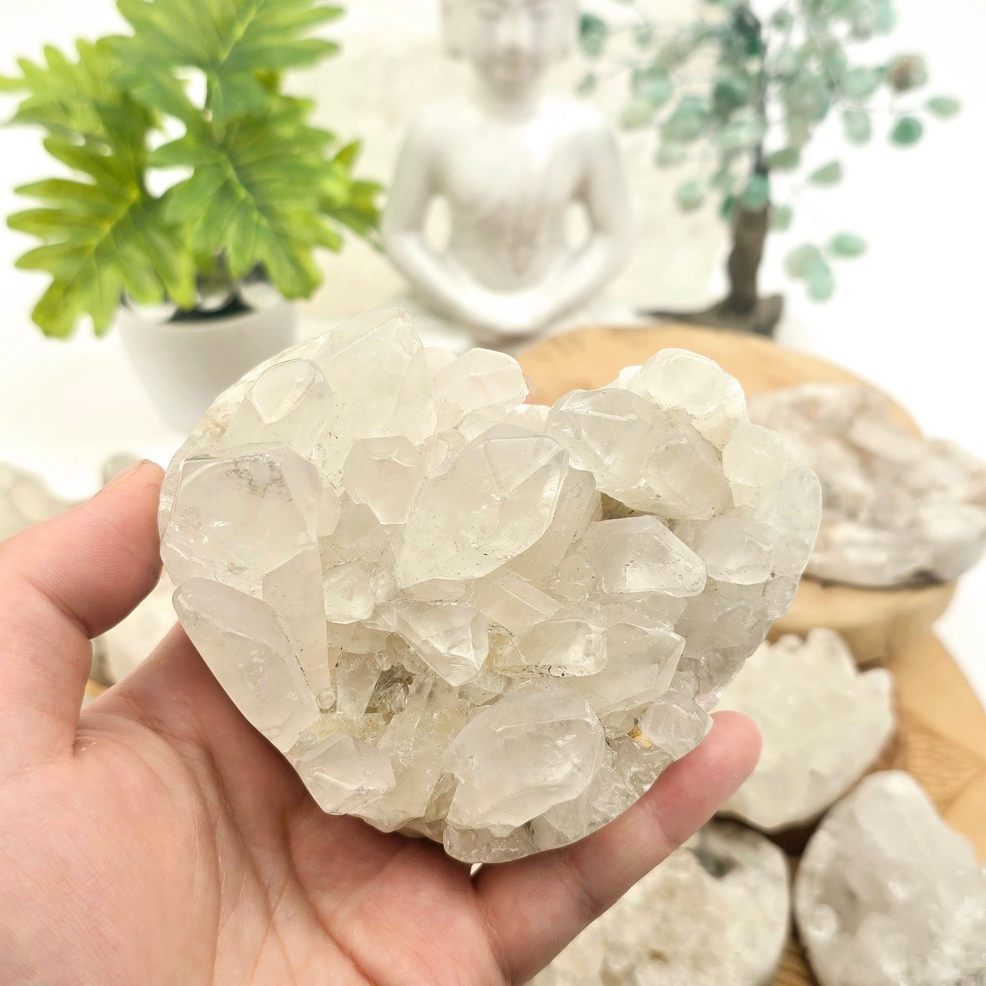 Crystal Quartz Polished Cluster Heart - You Choose #2 variant 12 in hand for size reference with other variants in the background with props and plants