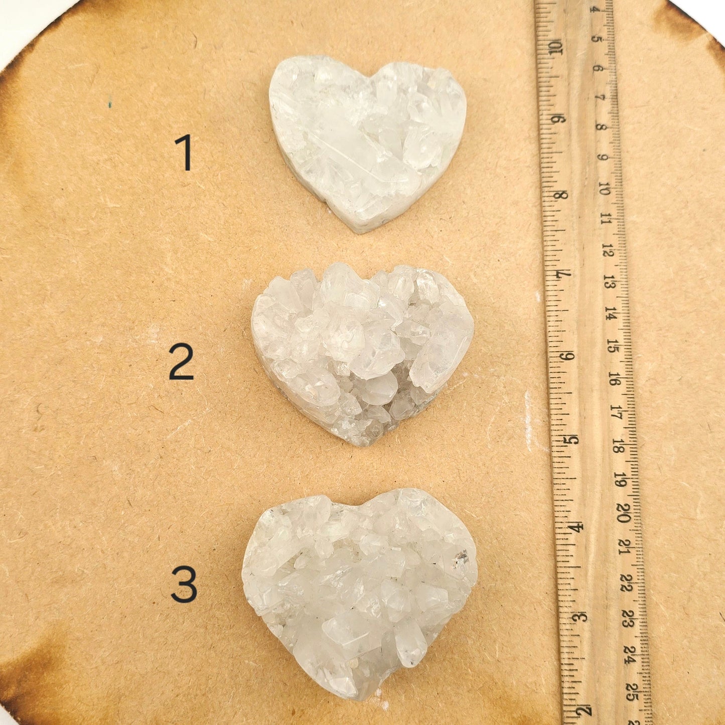 Crystal Quartz Polished Cluster Heart - You Choose #2 variants 1, 2, and 3 labeled with ruler for size reference