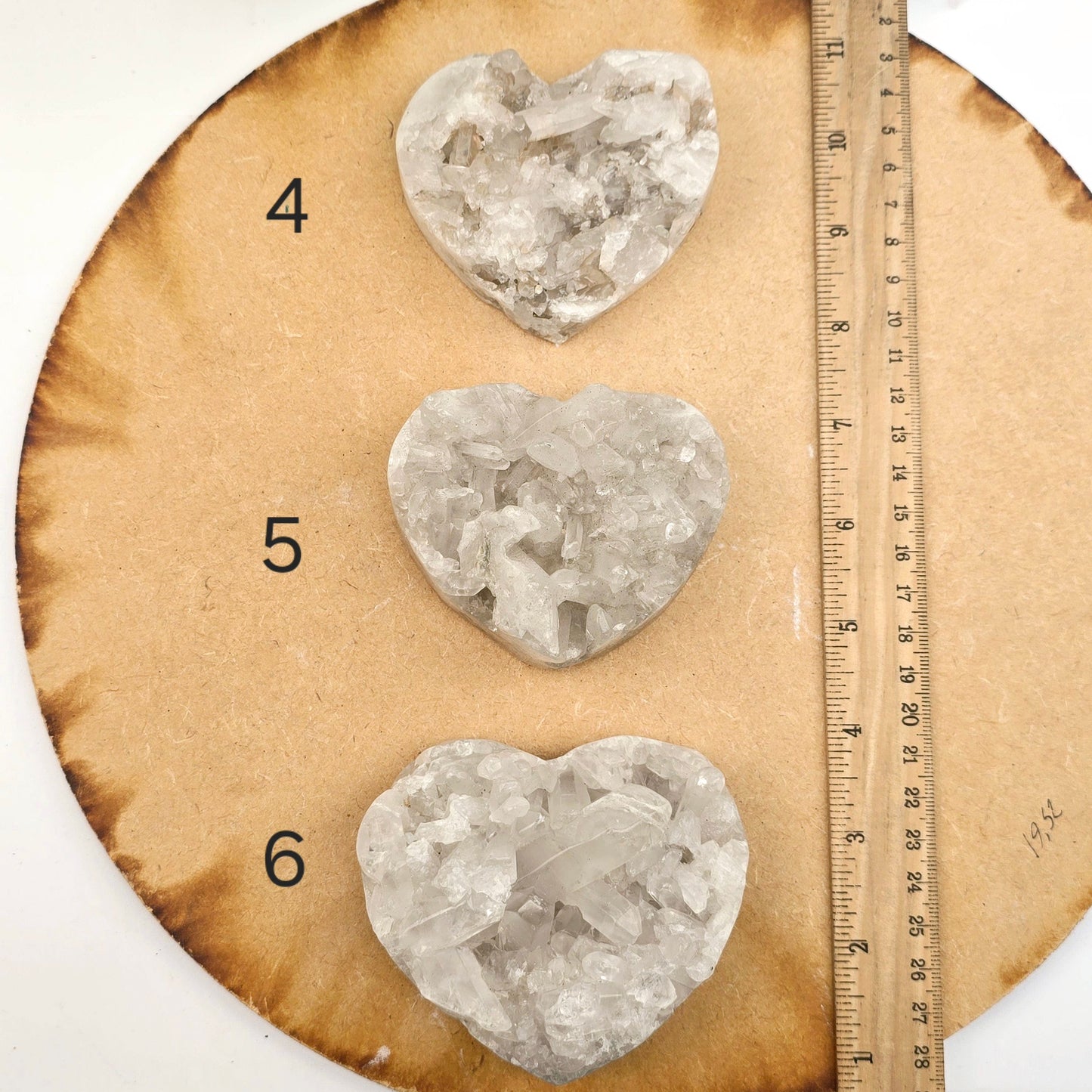 Crystal Quartz Polished Cluster Heart - You Choose #2 variants 4, 5, and 6 labeled with ruler for size reference