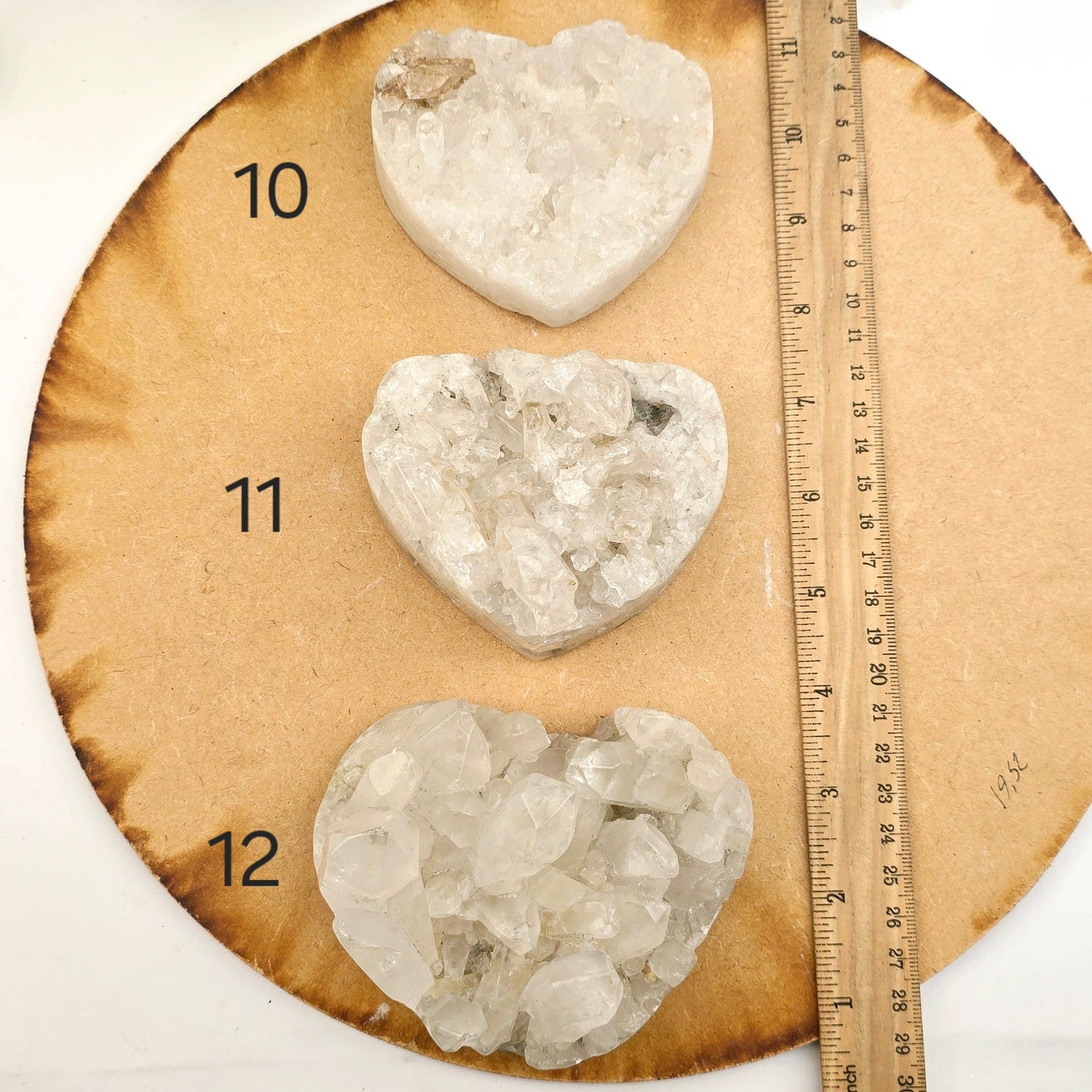 Crystal Quartz Polished Cluster Heart - You Choose #2 variants 10, 11, and 12 labeled with ruler for size reference