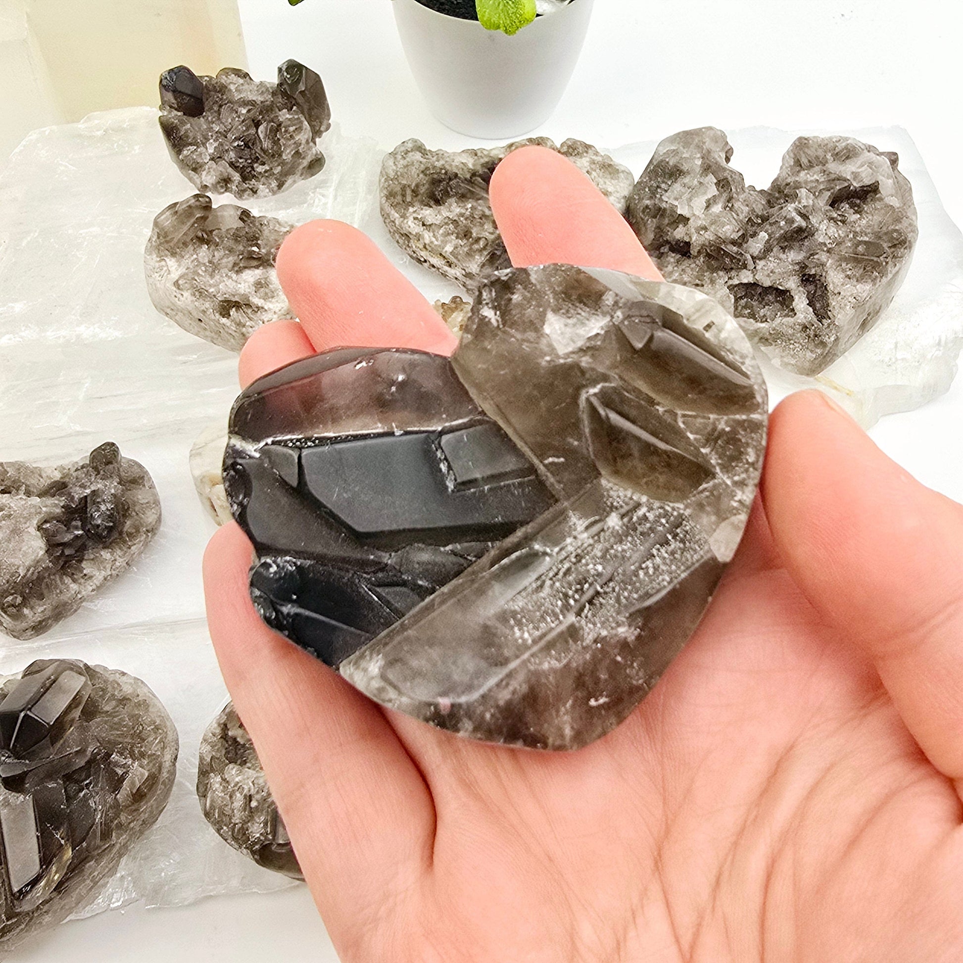 Smokey Quartz Polished Crystal Cluster Heart - You Choose variant 7 labeled with ruler for size reference with other variants in the background