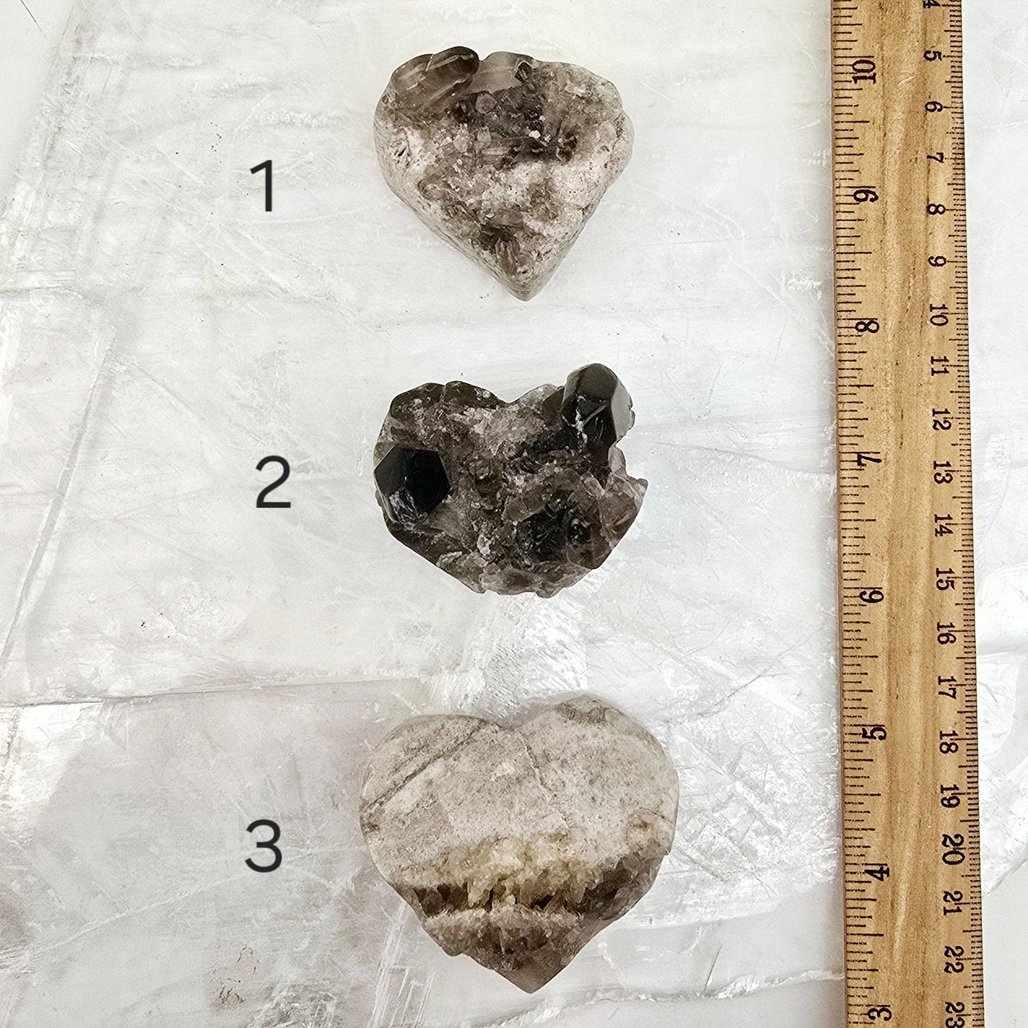 Smokey Quartz Polished Crystal Cluster Heart - You Choose variants 1, 2, and 3 labeled with ruler for size reference
