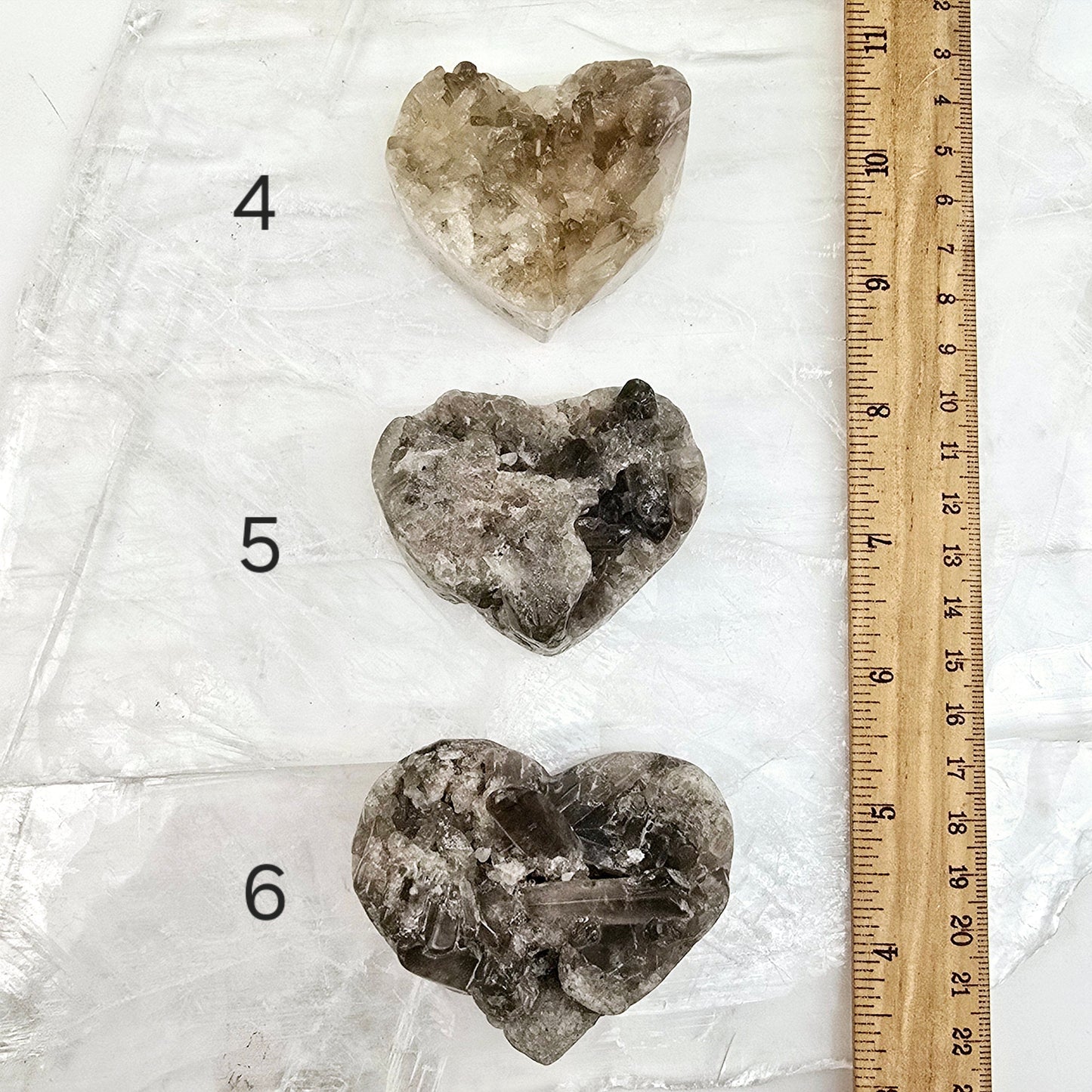 Smokey Quartz Polished Crystal Cluster Heart - You Choose variants 4, 5, and 6 labeled with ruler for size reference