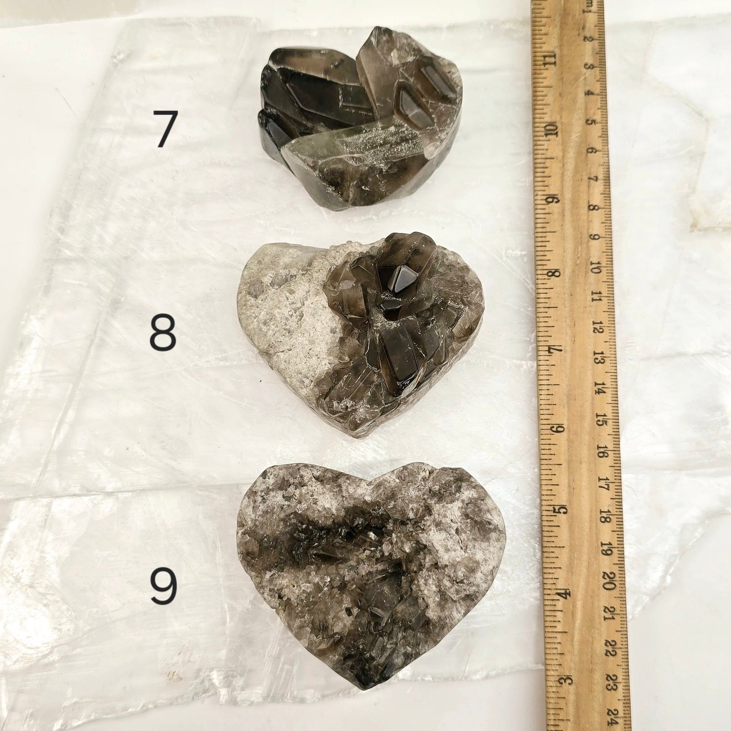Smokey Quartz Polished Crystal Cluster Heart - You Choose variants 7, 8, and 9 labeled with ruler for size reference