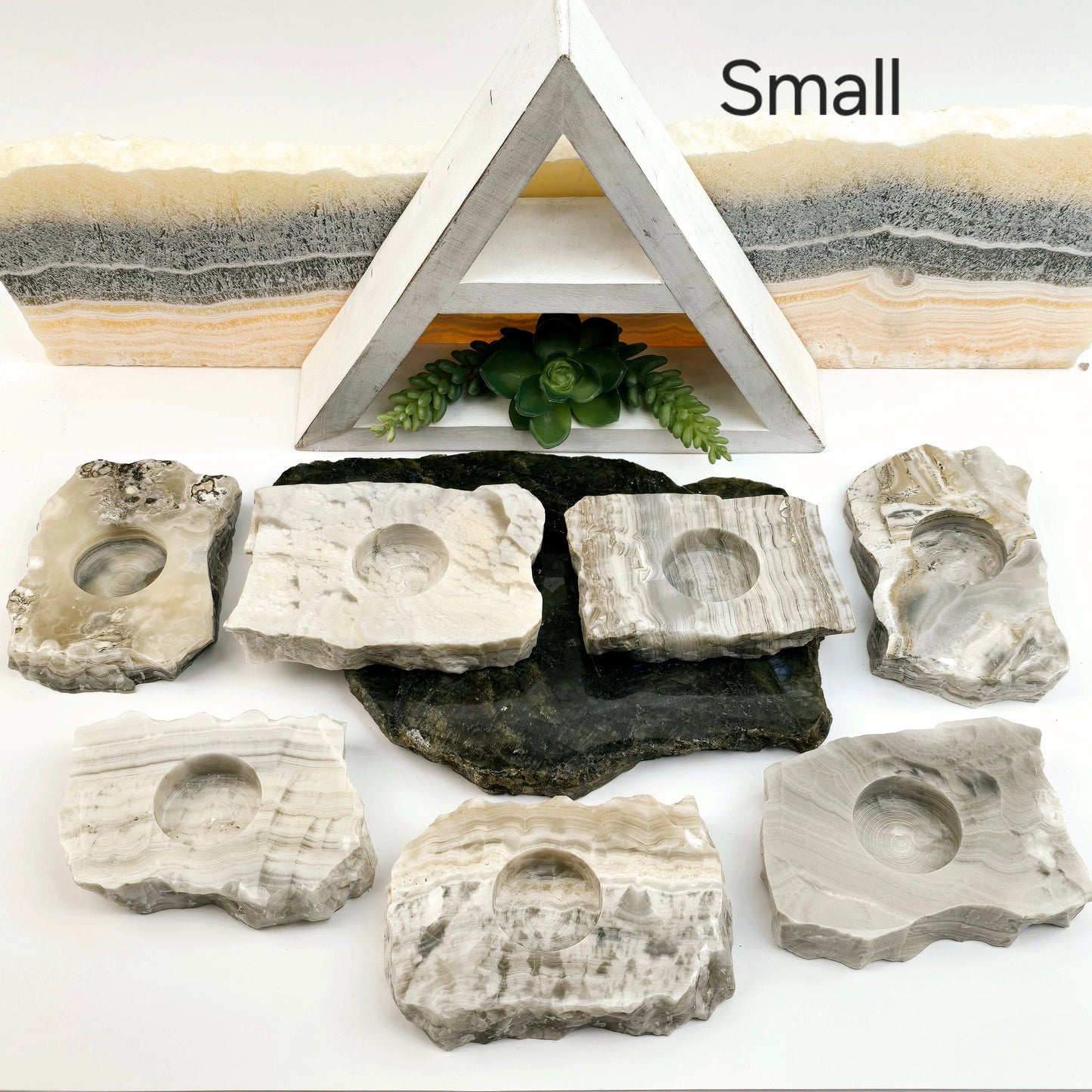 Grey Travertine Calcite - Grey Onyx - Crystal Candle Holder - By Size small variant labeled bright background