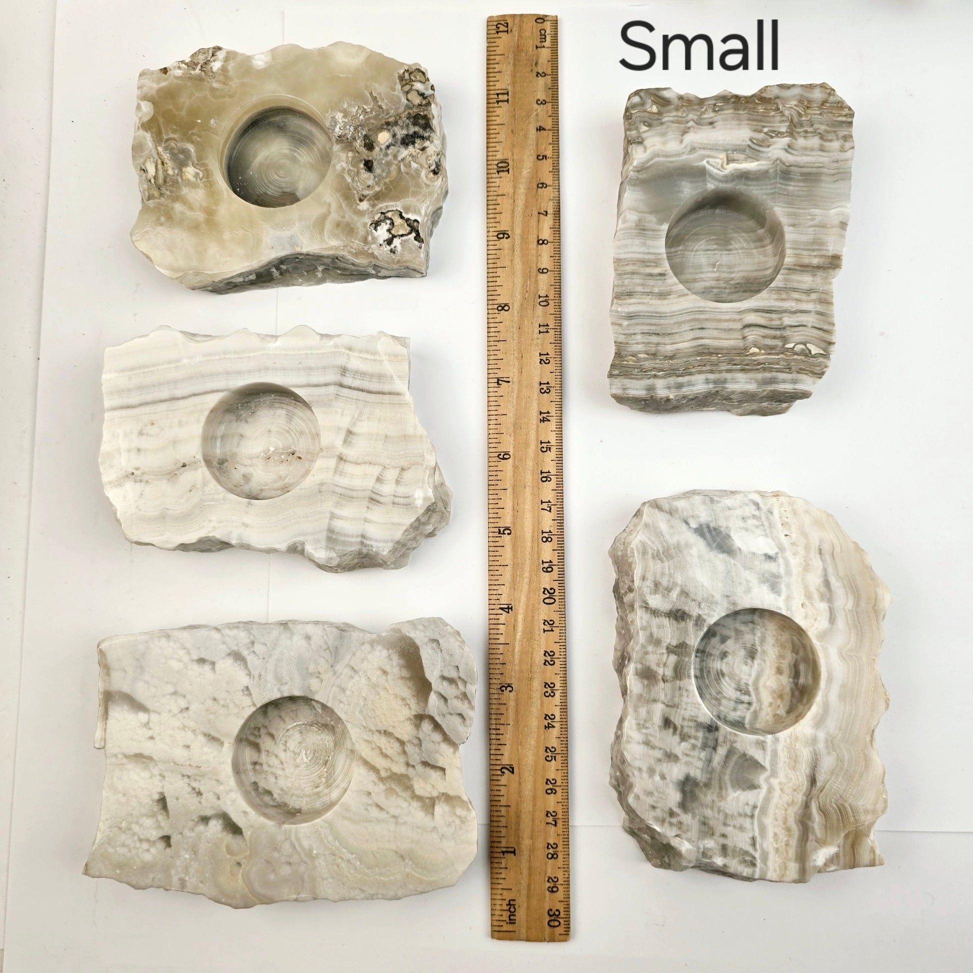Grey Travertine Calcite - Grey Onyx - Crystal Candle Holder - By Size small variant labeled with ruler for size reference