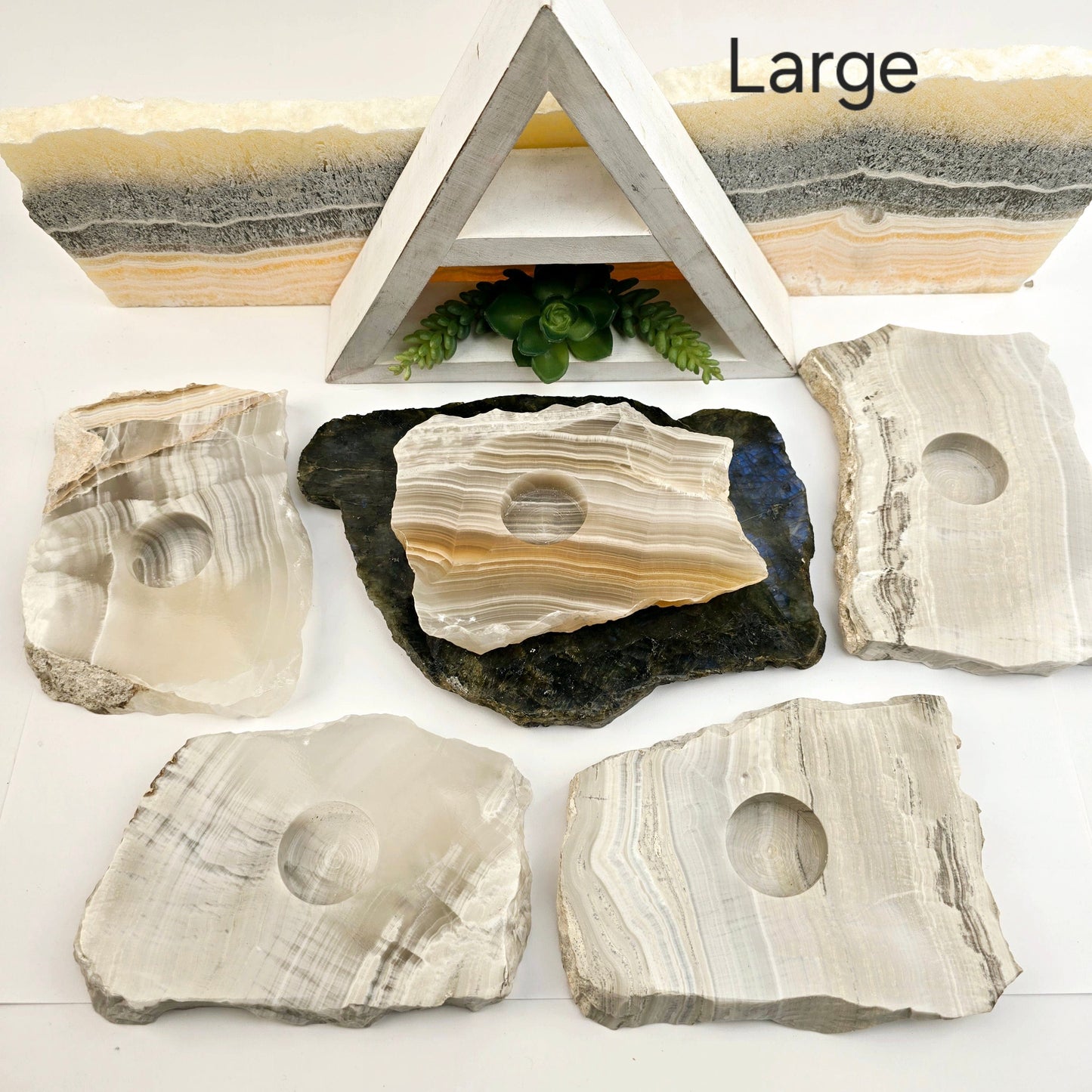 Grey Travertine Calcite - Grey Onyx - Crystal Candle Holder - By Size Large variant labeled bright background