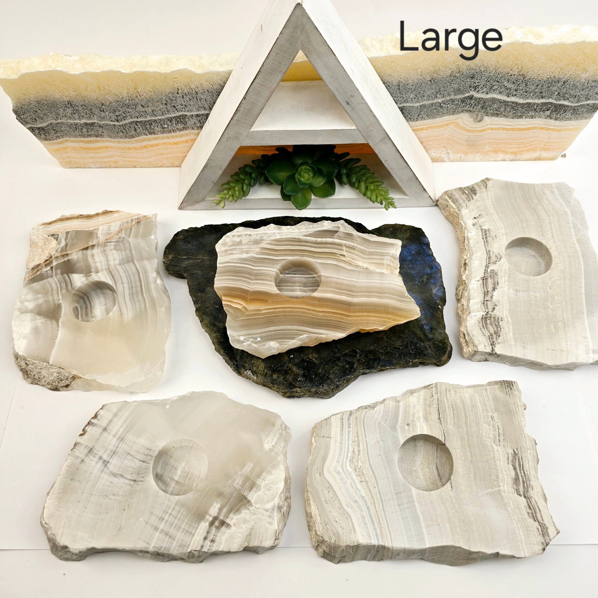 Grey Travertine Calcite - Grey Onyx - Crystal Candle Holder - By Size Large variant labeled bright background