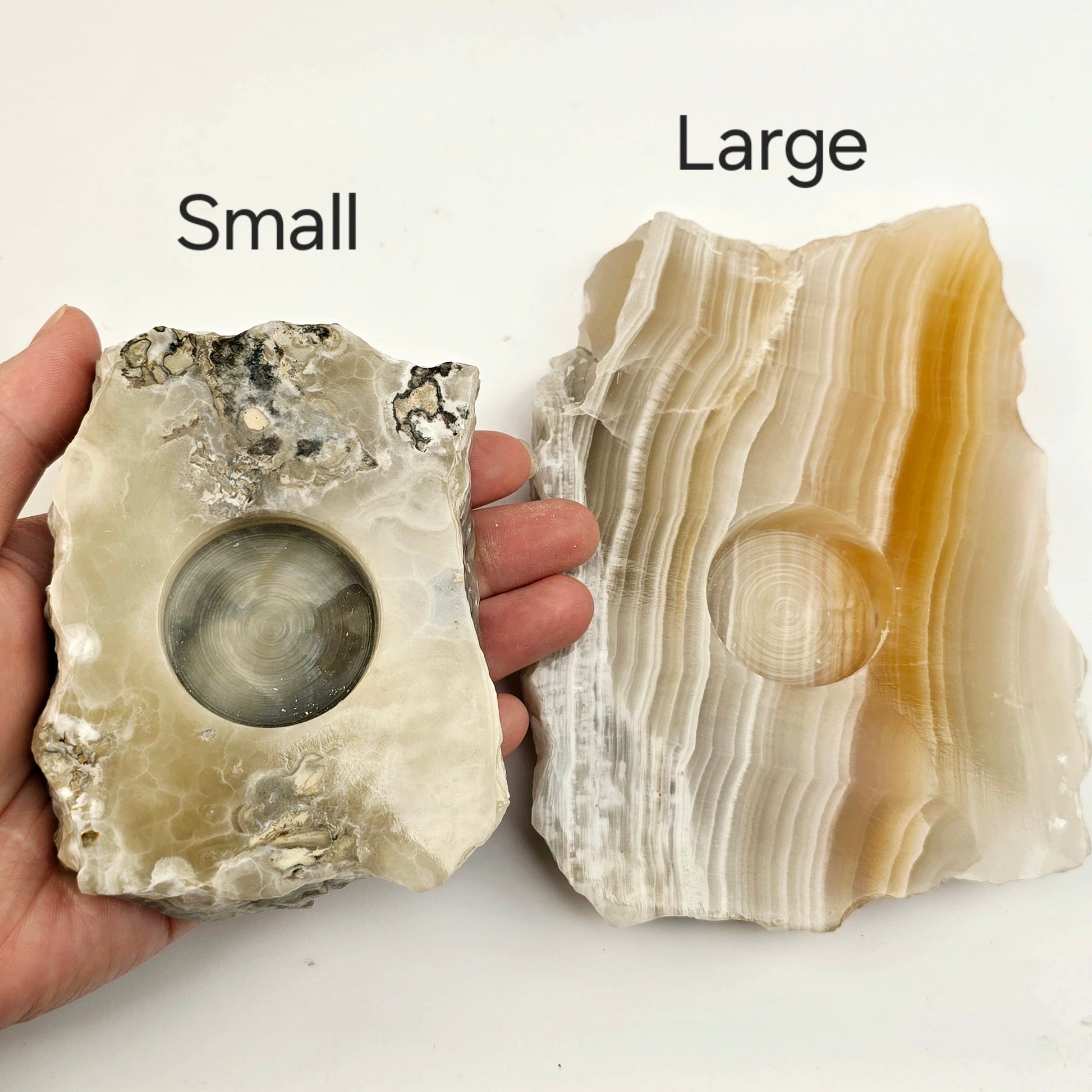 Grey Travertine Calcite - Grey Onyx - Crystal Candle Holder - By Size small and large variants labeled with hand for size reference