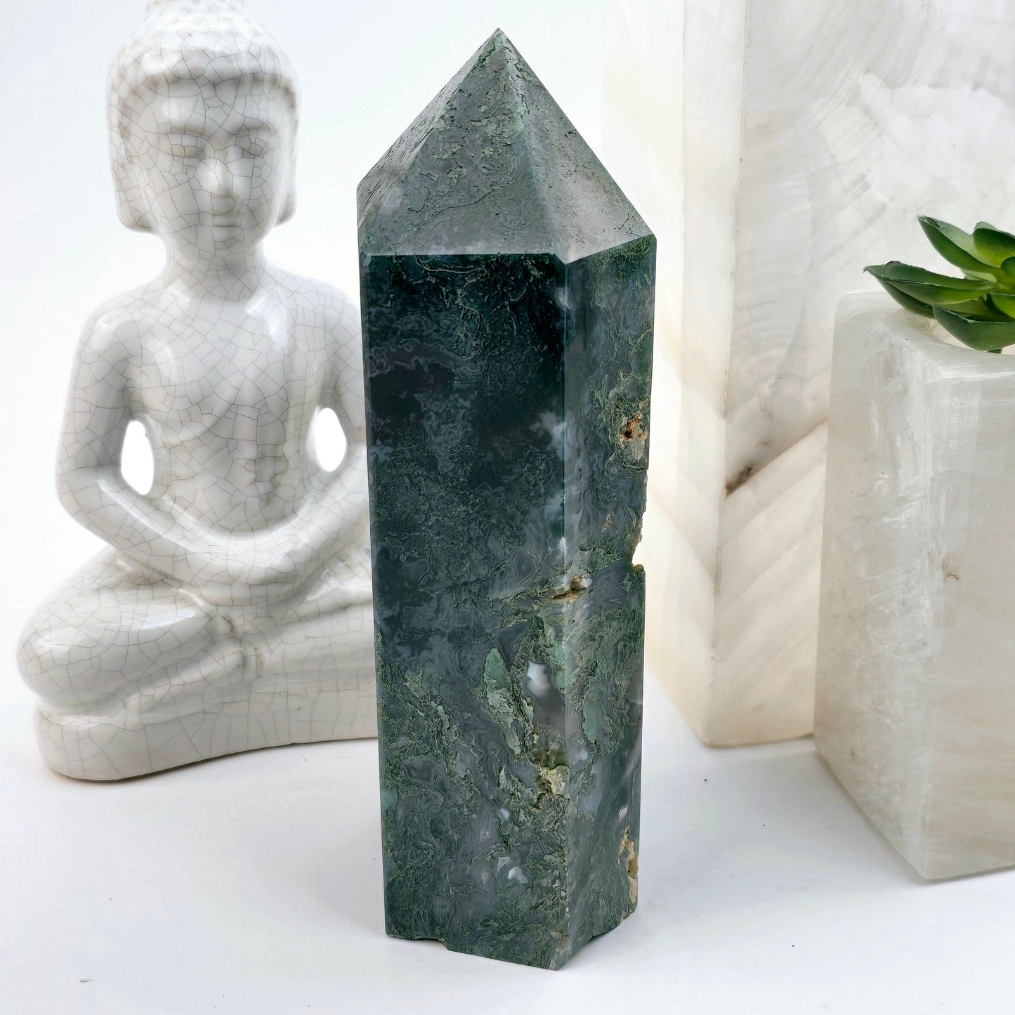 Moss Agate Crystal Obelisk - One-of-a-Kind side view
