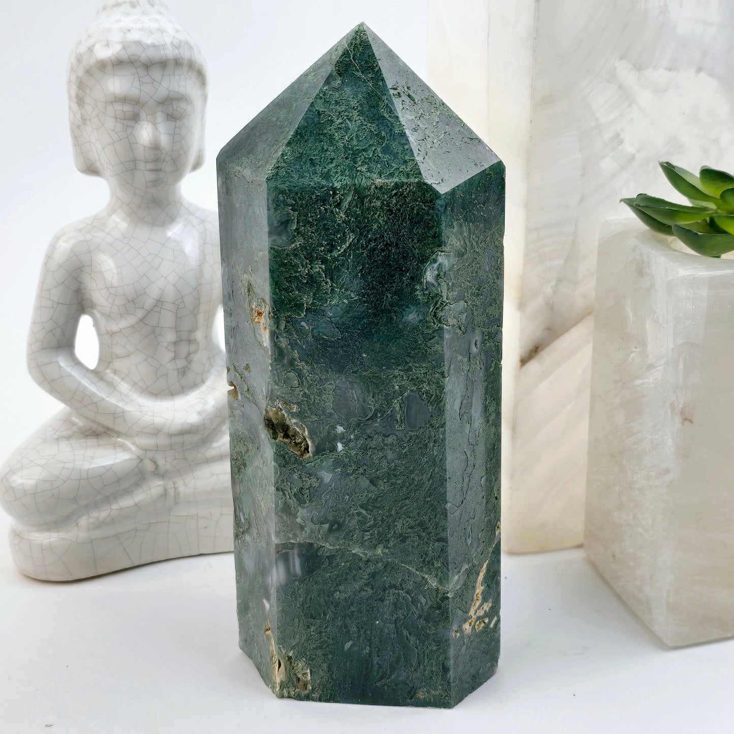 Moss Agate Crystal Obelisk - One-of-a-Kind back view