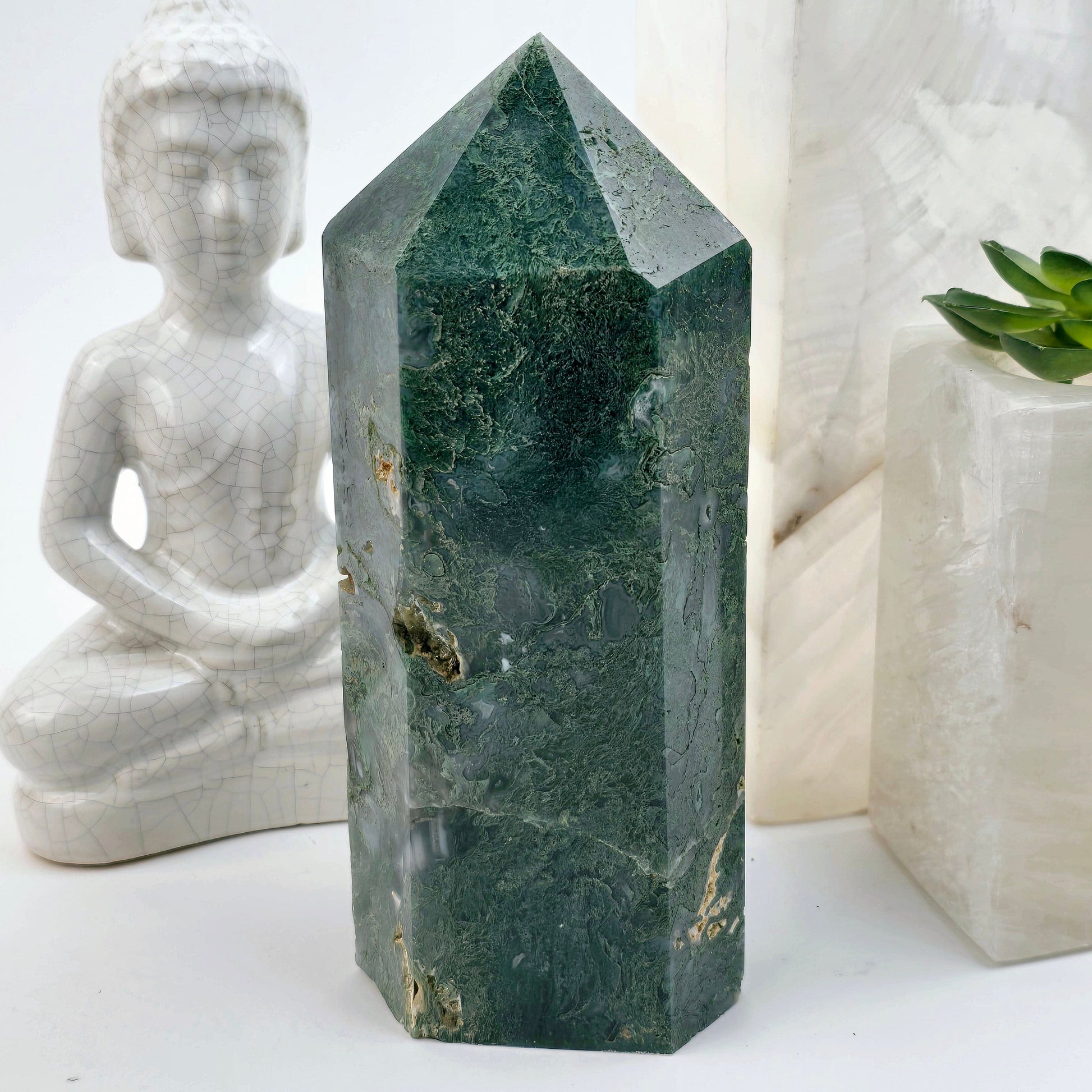 Moss Agate Crystal Obelisk - One-of-a-Kind back view