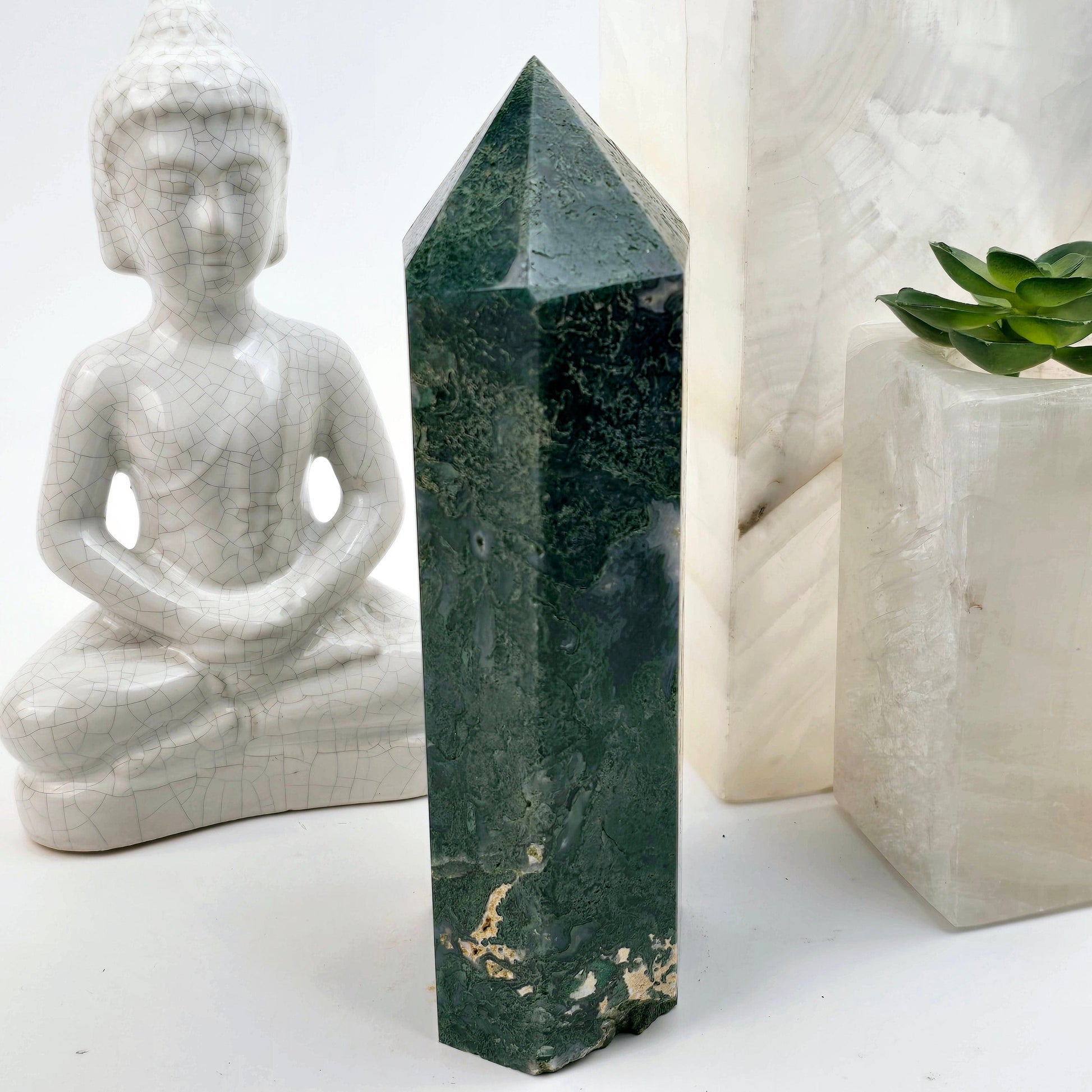 Moss Agate Crystal Obelisk - One-of-a-Kind side view