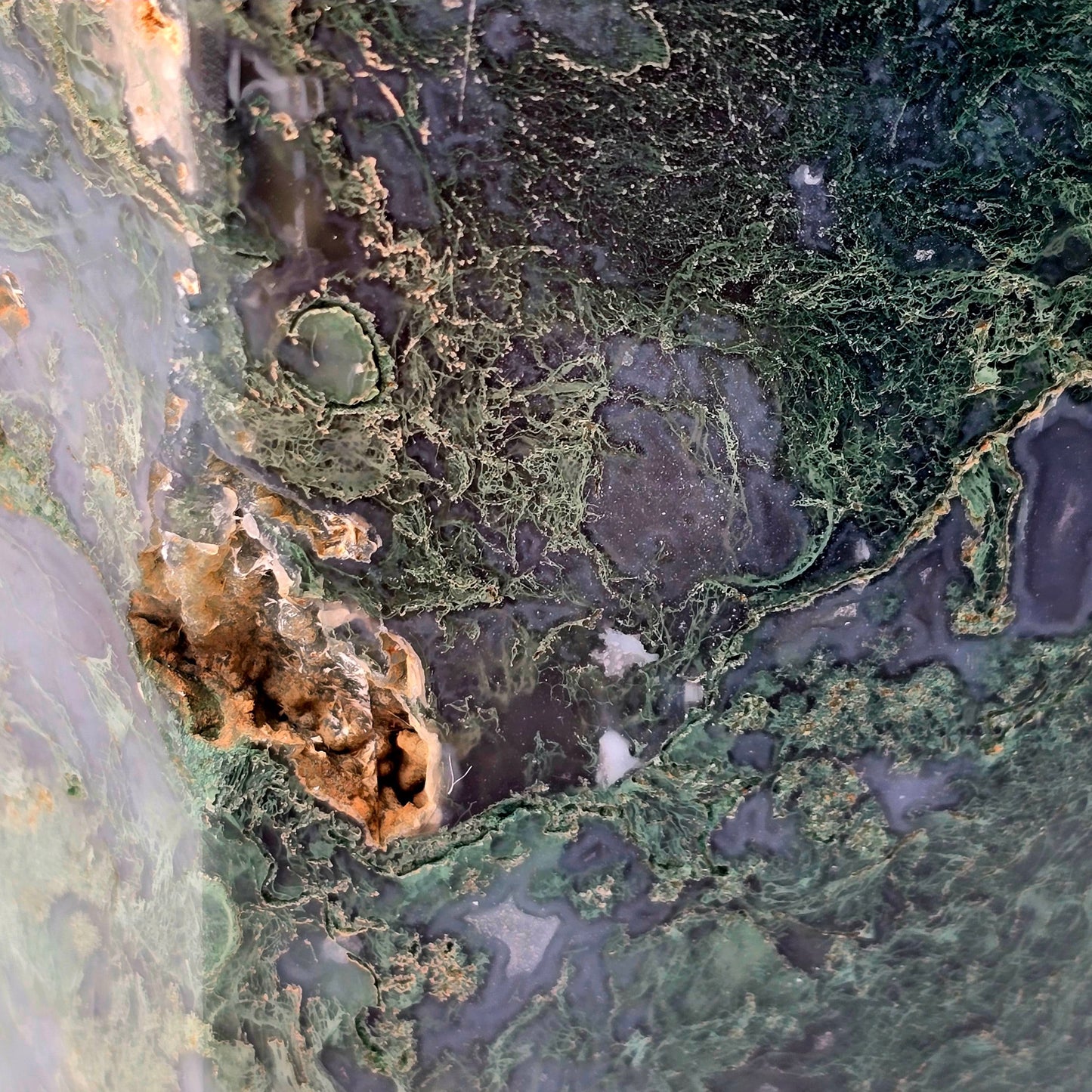 Moss Agate Crystal Obelisk - One-of-a-Kind closeup for detail