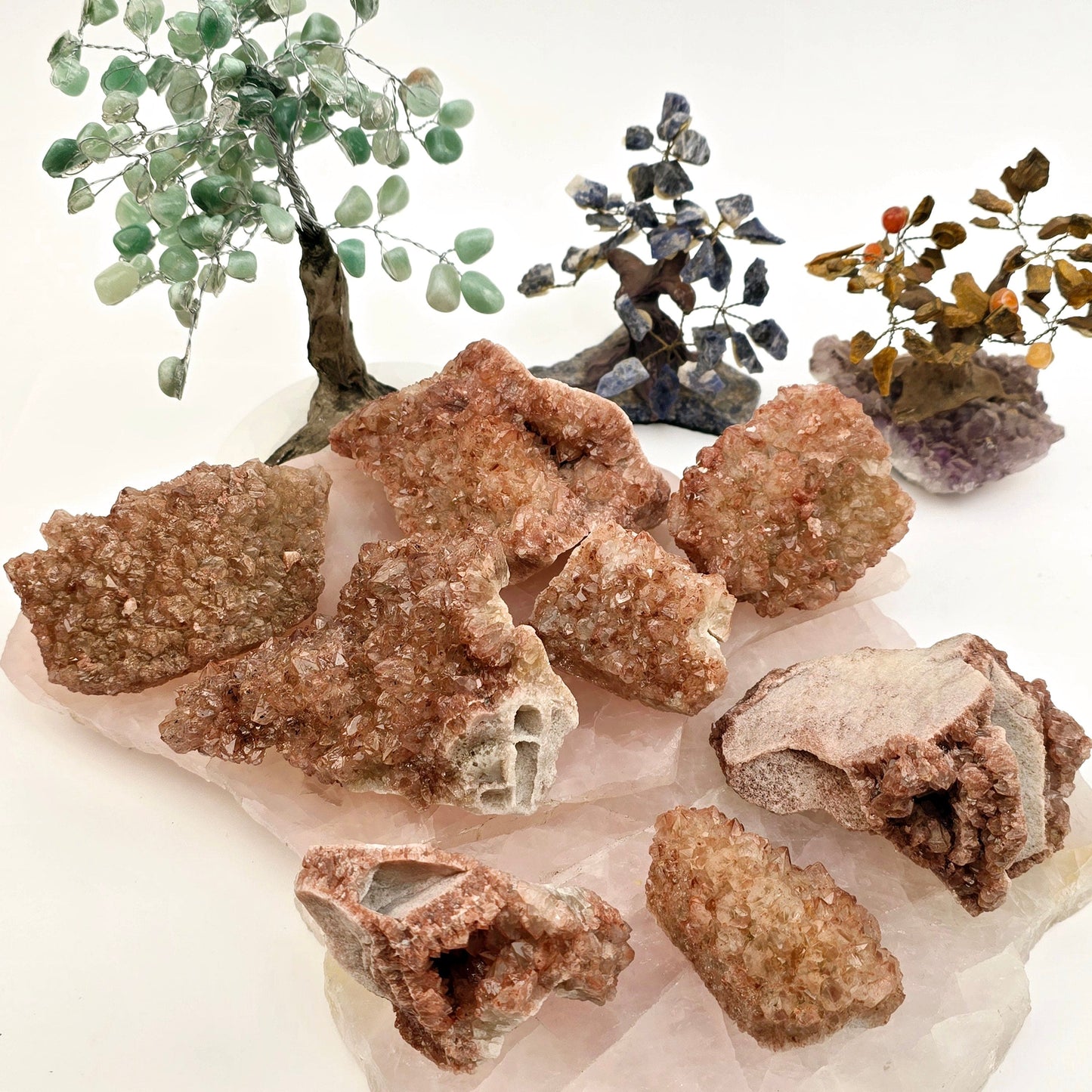Lithium Quartz Crystal Cluster - You Choose all variants on stone platters with props in the background