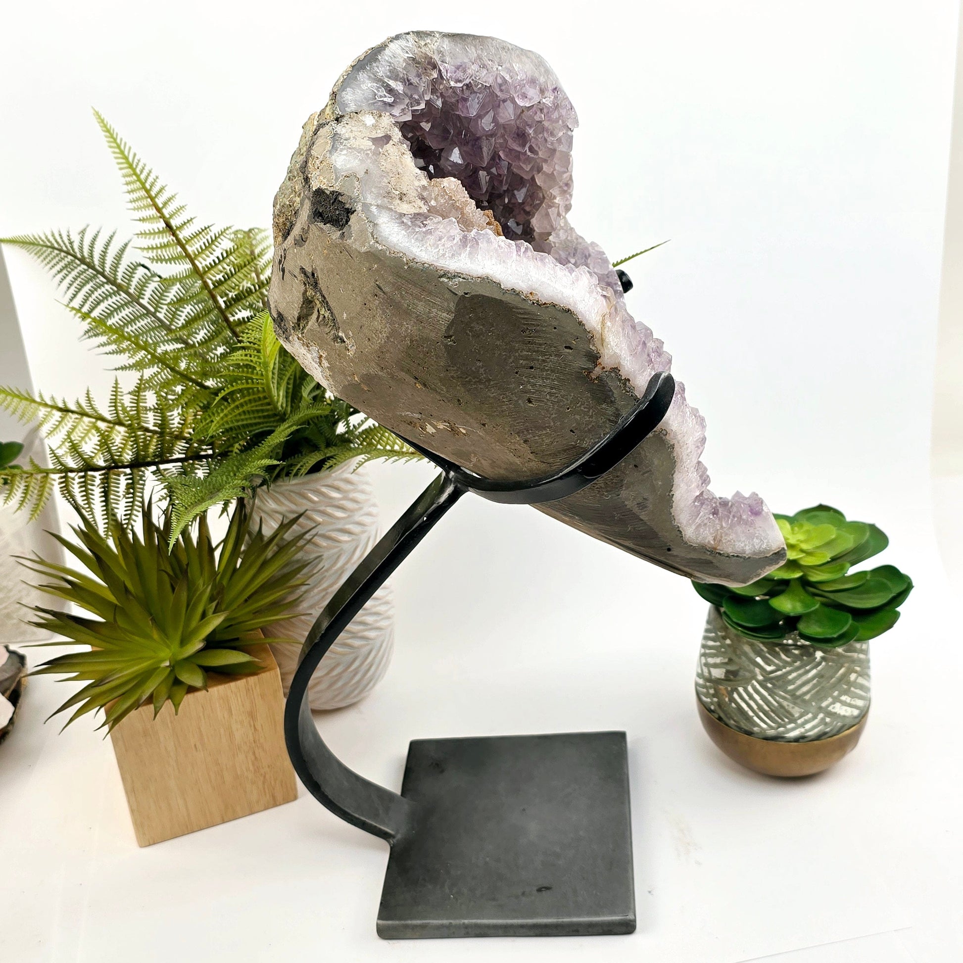 Amethyst Large Crystal Cluster with Druzy Stalactite and Double Terminated Calcite on Metal Stand side view