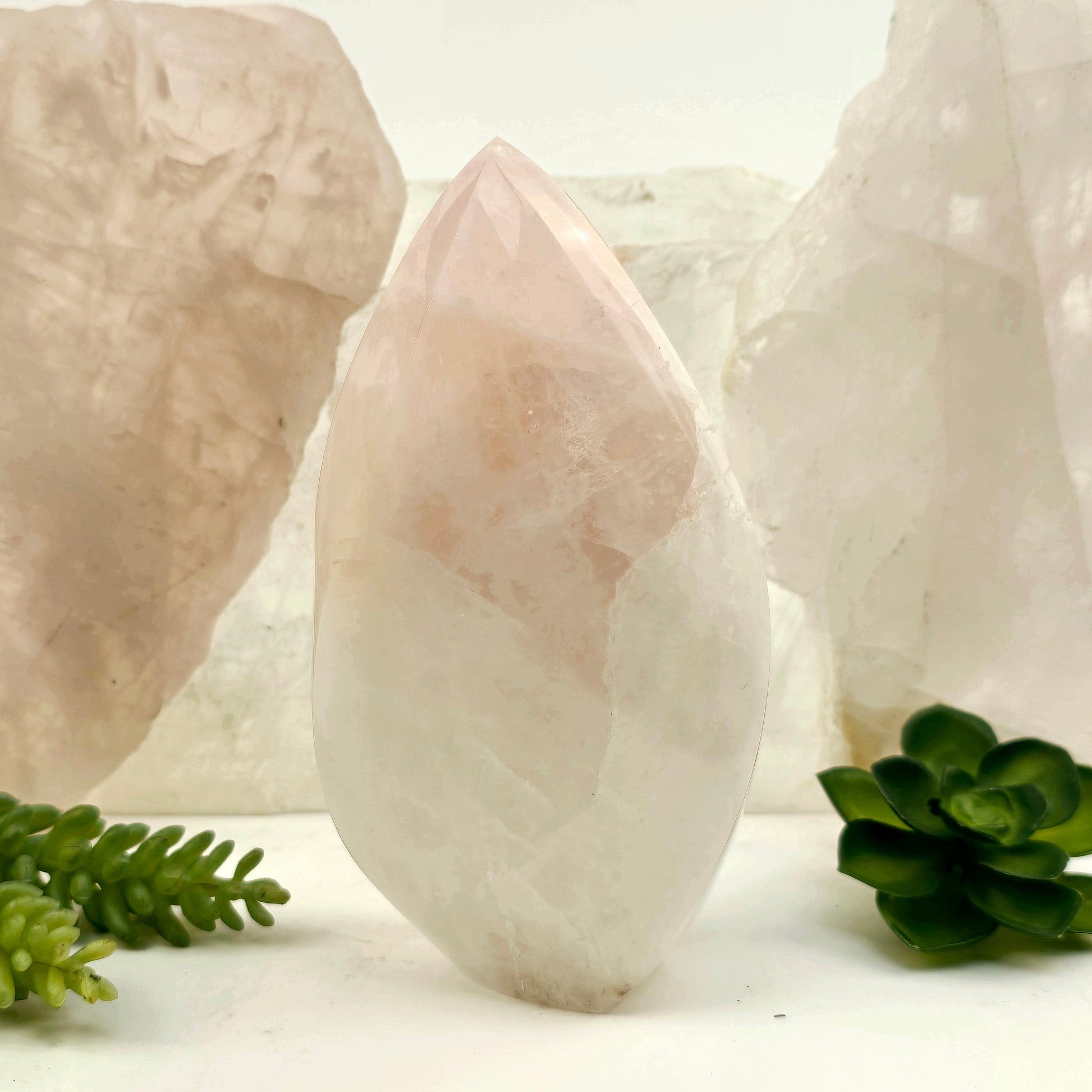 Rose Quartz Polished Crystal Flame Point Cut Base - One-of-a-Kind front view