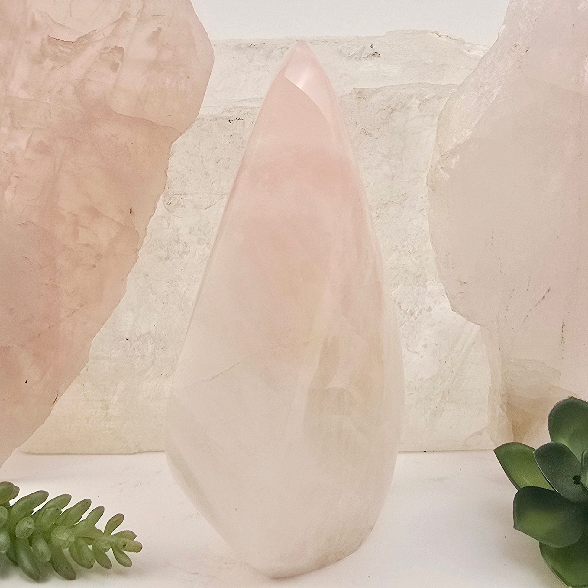 Rose Quartz Polished Crystal Flame Point Cut Base - One-of-a-Kind side view