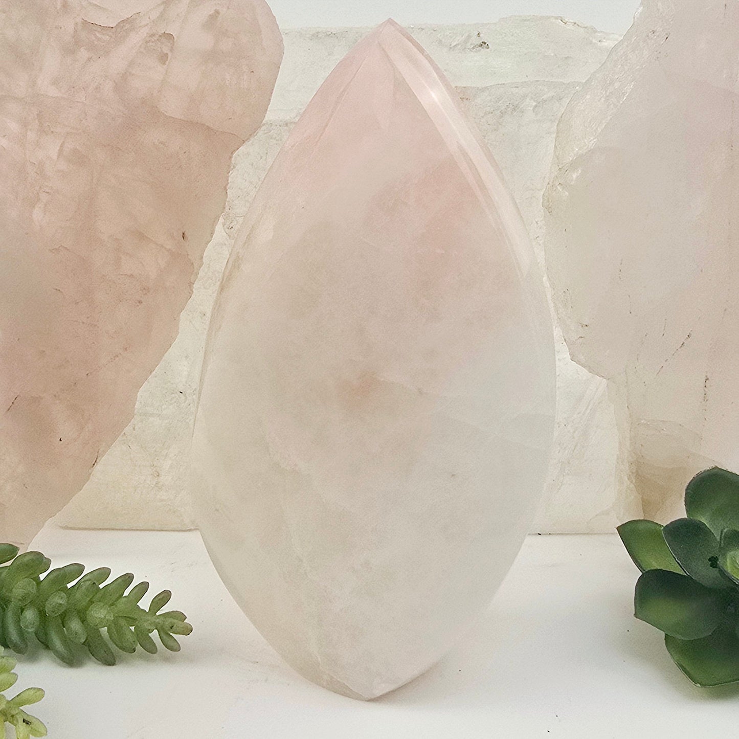 Rose Quartz Polished Crystal Flame Point Cut Base - One-of-a-Kind back view