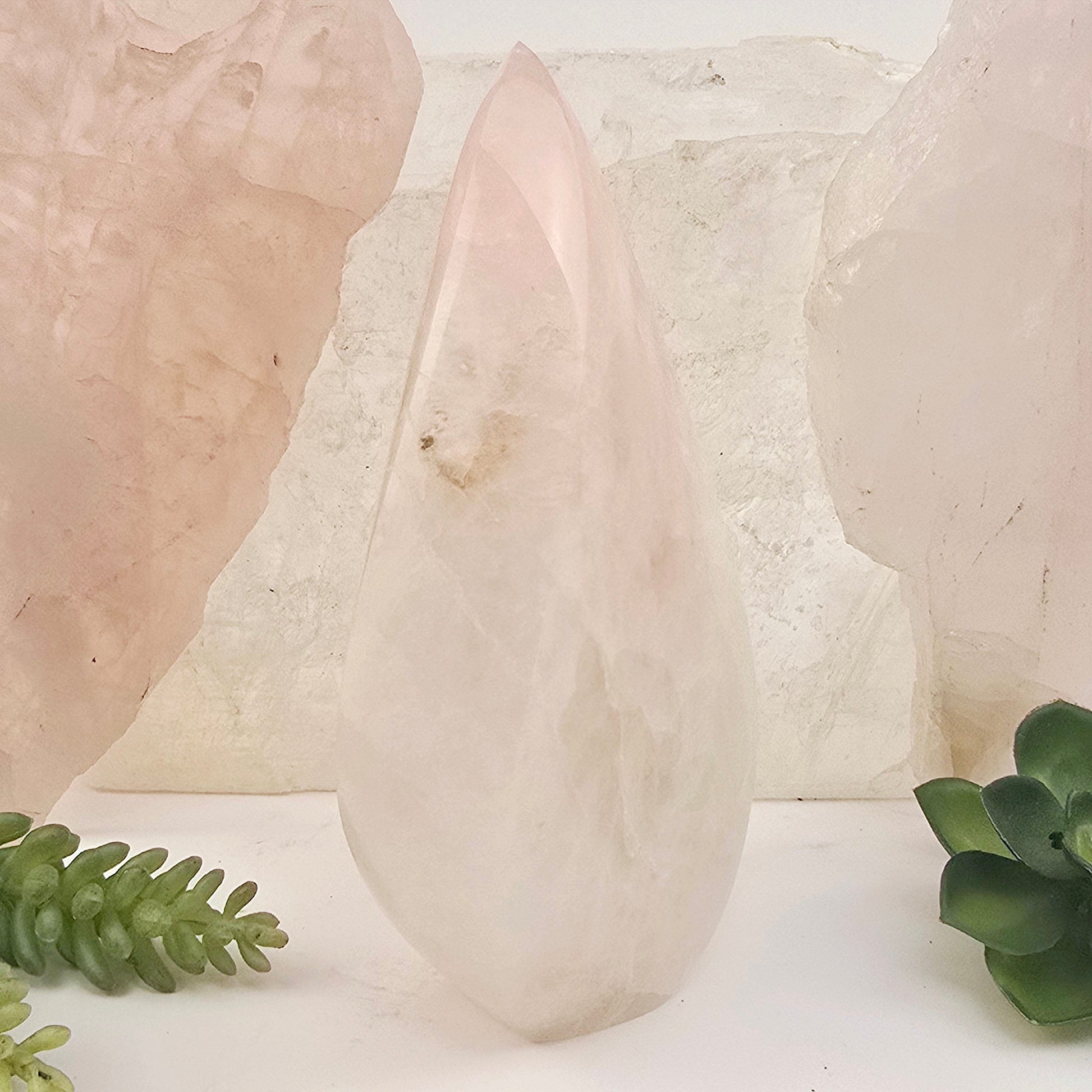 Rose Quartz Polished Crystal Flame Point Cut Base - One-of-a-Kind side view