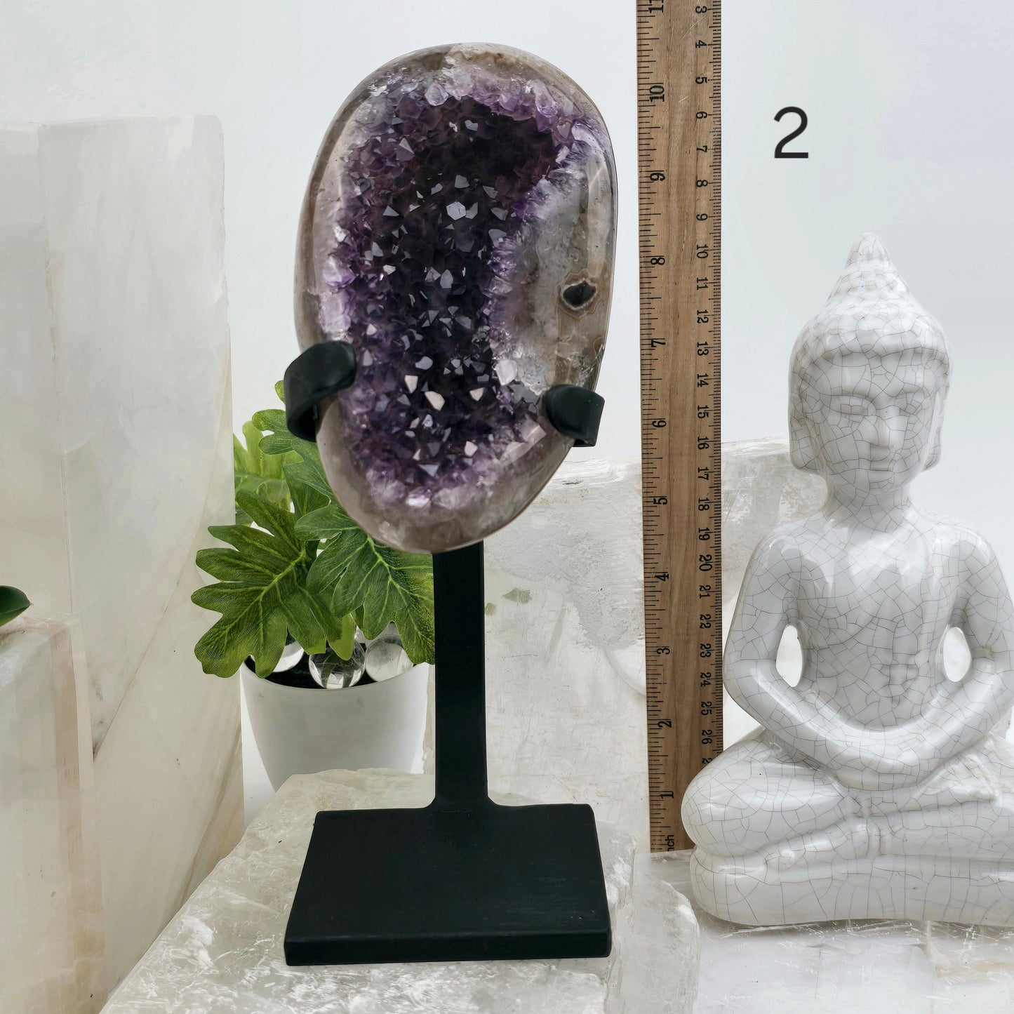 Amethyst Crystal Cluster on Metal Stand from Uruguay - You Choose #1 variant 2 labeled with ruler for size reference