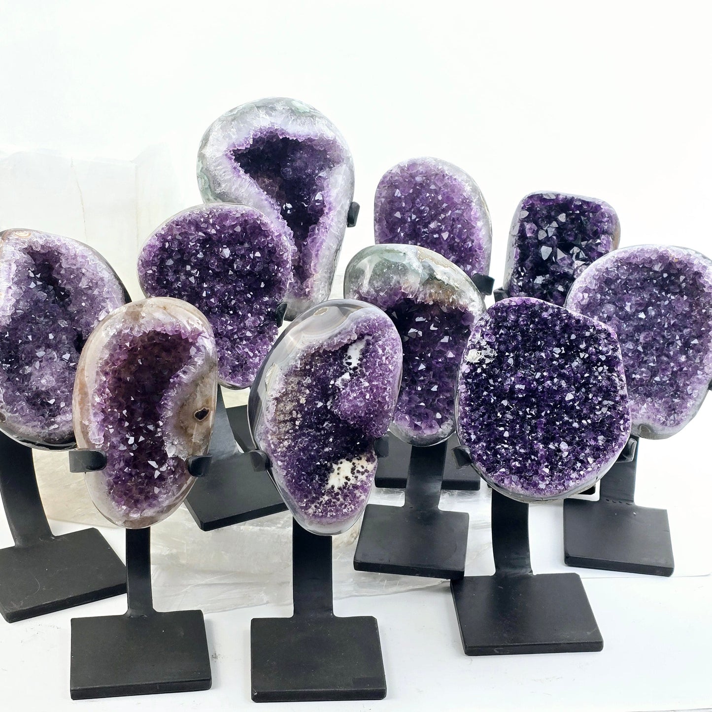 Amethyst Crystal Cluster on Metal Stand from Uruguay - You Choose #1 all variants front view