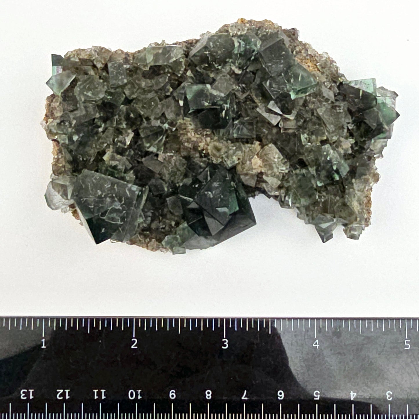 Lady Annabella Mine Fluorite Crystal Cluster from England #3 top view with ruler for size reference