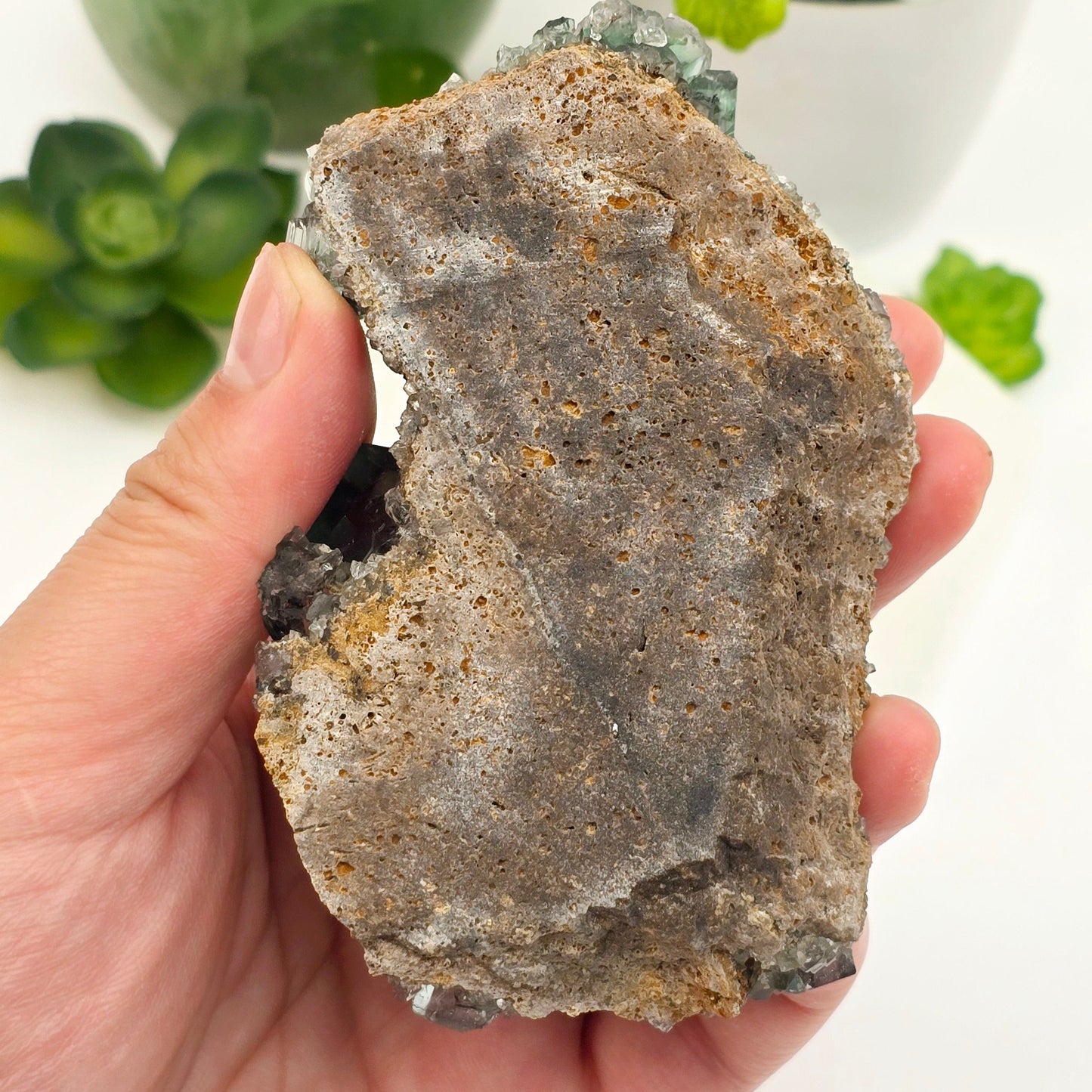 Lady Annabella Mine Fluorite Crystal Cluster from England #3 in hand showing back of matrix