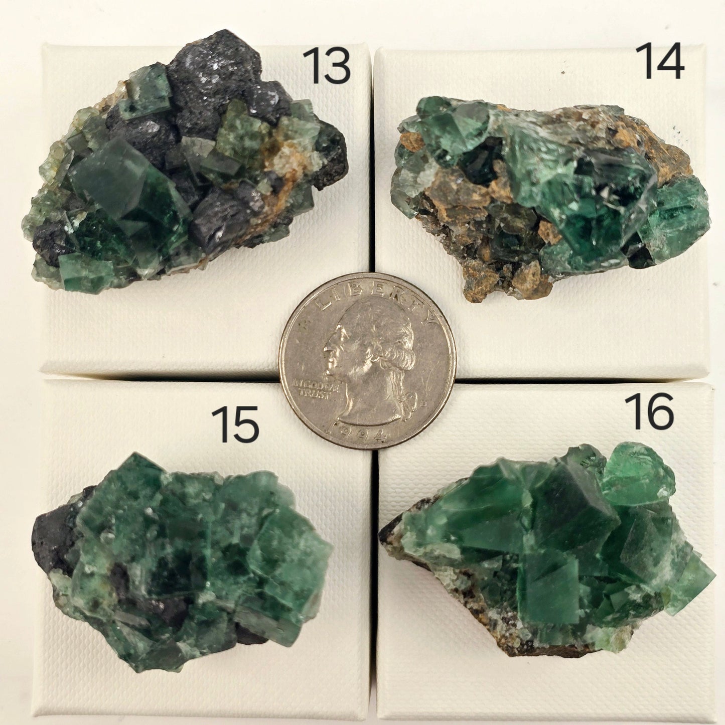 Diana Maria Mine Fluorite Crystal Cluster from England - You Choose #1 variants 13, 14, 15, and 16 labeled with quarter for size reference