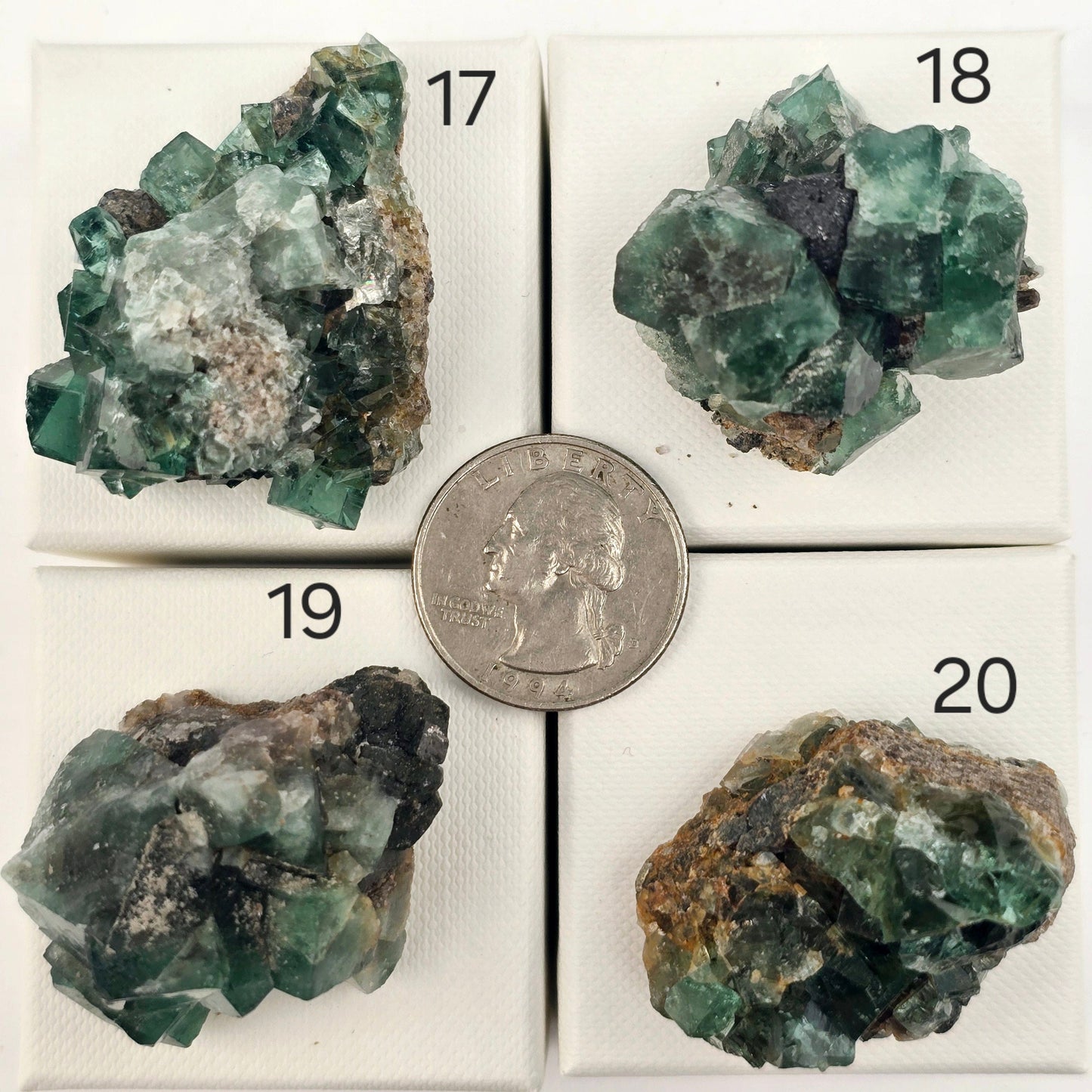 Diana Maria Mine Fluorite Crystal Cluster from England - You Choose #1 variants 17, 18, 19, and 20 labeled with quarter for size reference