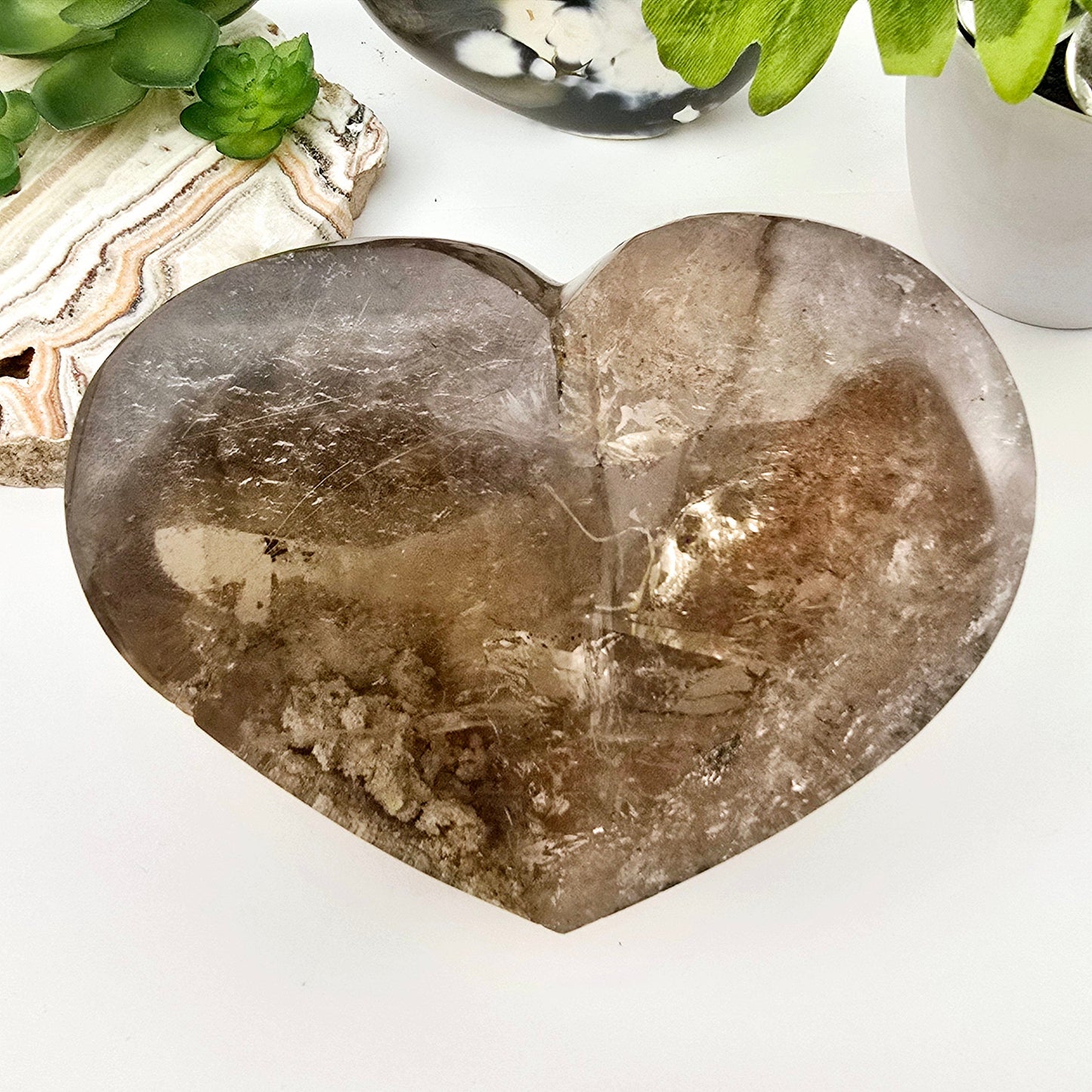 Rutilated Smokey Quartz Lodalite Crystal Heart Cut Base - One-of-a-Kind front view