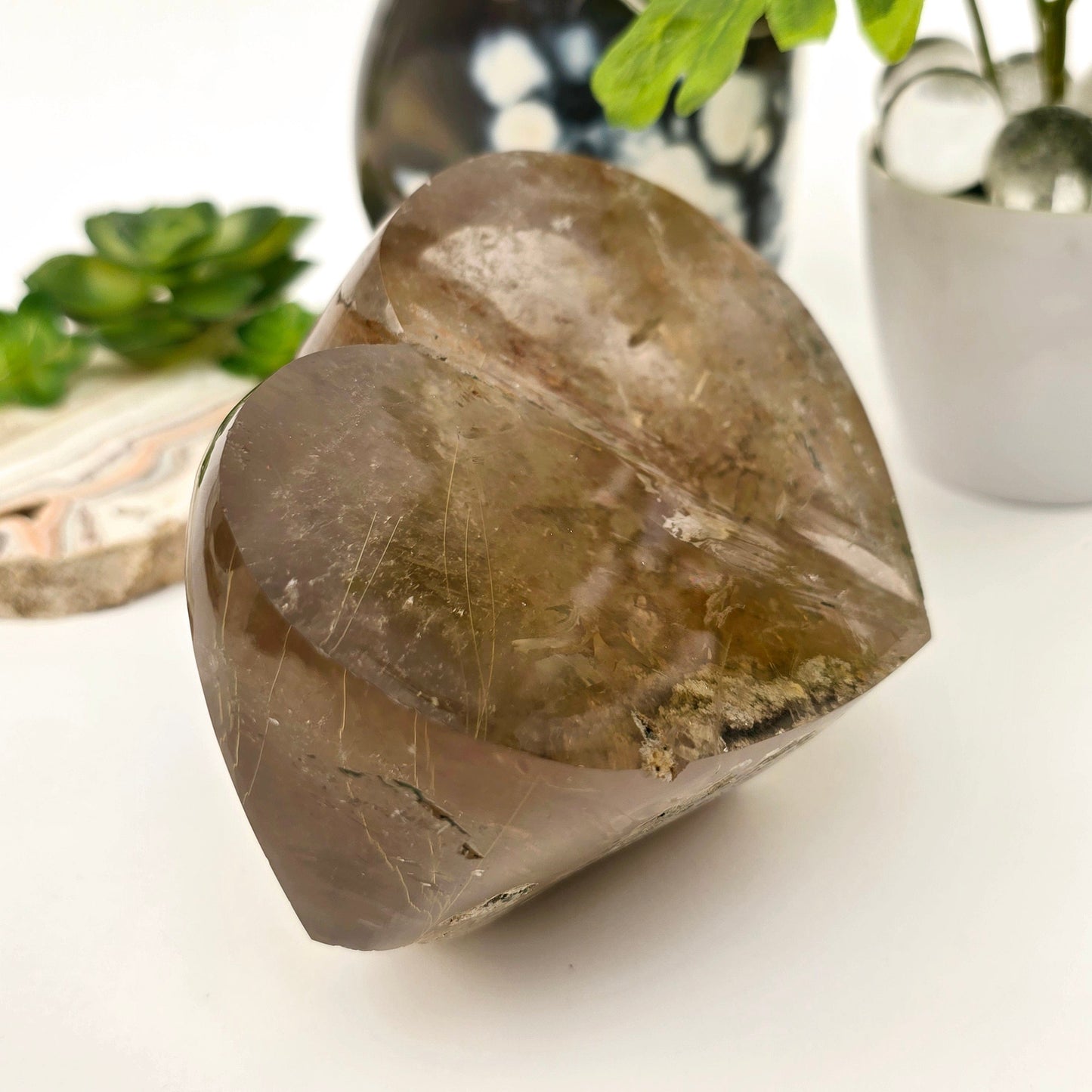 Rutilated Smokey Quartz Lodalite Crystal Heart Cut Base - One-of-a-Kind side view