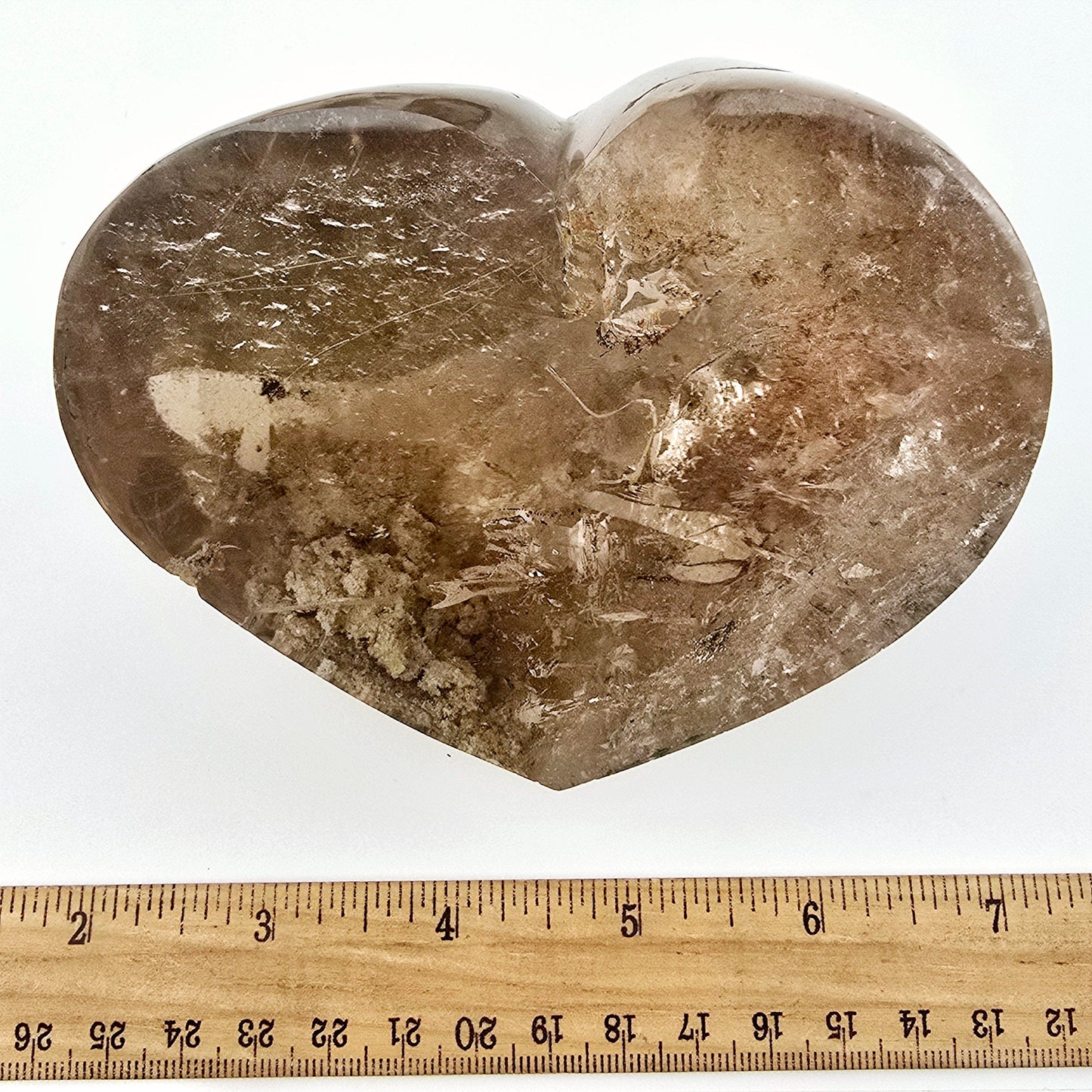 Rutilated Smokey Quartz Lodalite Crystal Heart Cut Base - One-of-a-Kind front view with ruler for size reference
