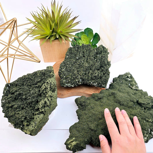 Forest Epidote with Quartz Crystal Cluster from Turkey - You Choose all variants with hand for size reference with props and plants in the background