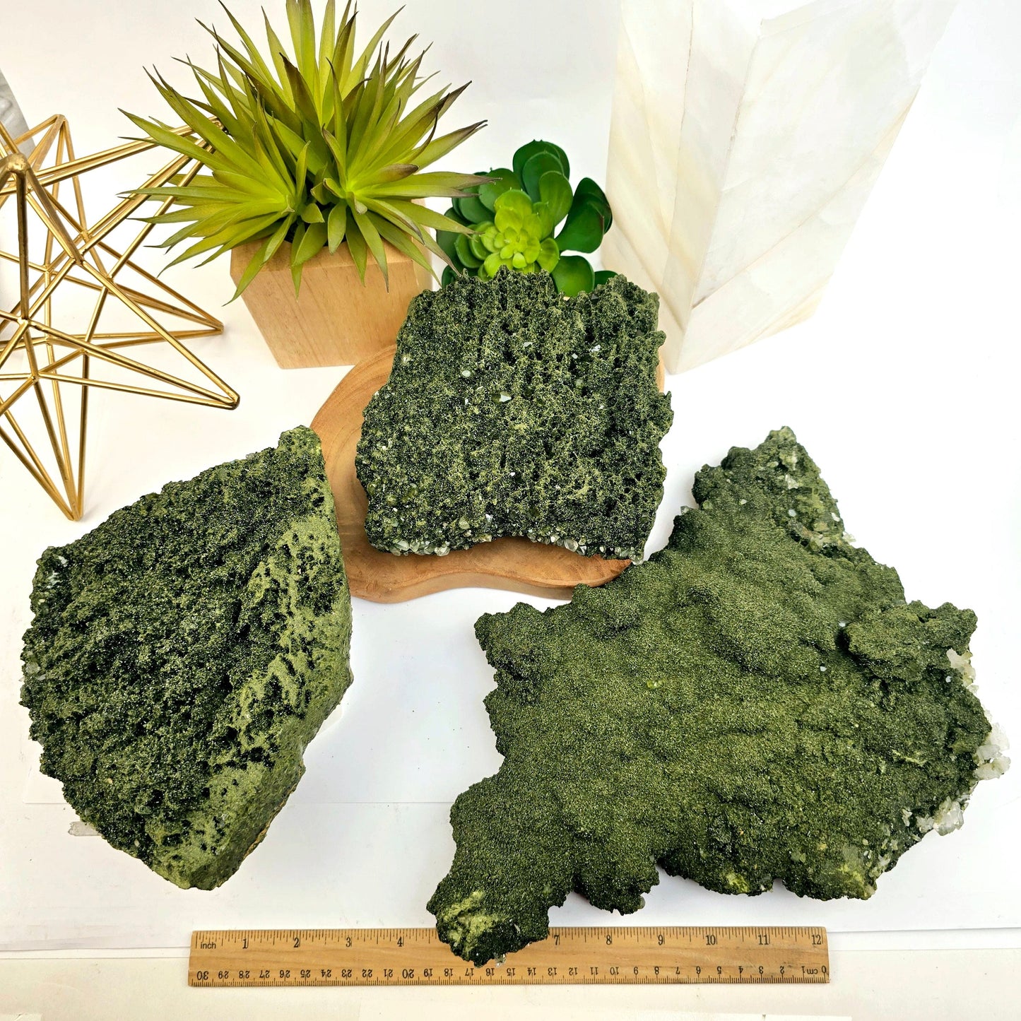 Forest Epidote with Quartz Crystal Cluster from Turkey - You Choose all variants top view with ruler for size reference