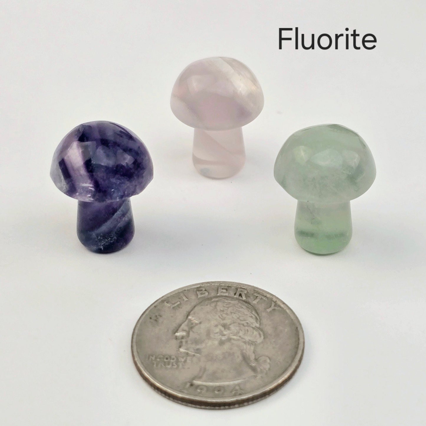 Gemstone Mushroom - Small Crystal Carving - Available in Set of 10 - You Choose Stone - Fluorite variant labeled with quarter for size reference